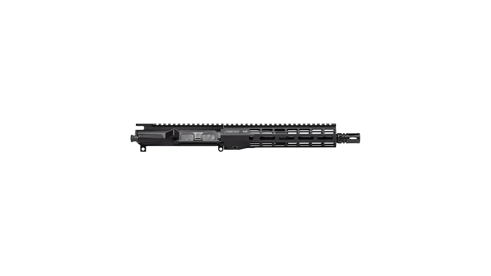Black Aero Precision M4E1 complete upper with a short barrel, side view on white, slotted handguard printed with AERO and an M logo, flash hider at the muzzle (retailer listing image; calibre and handguard model are not identifiable in the photo)