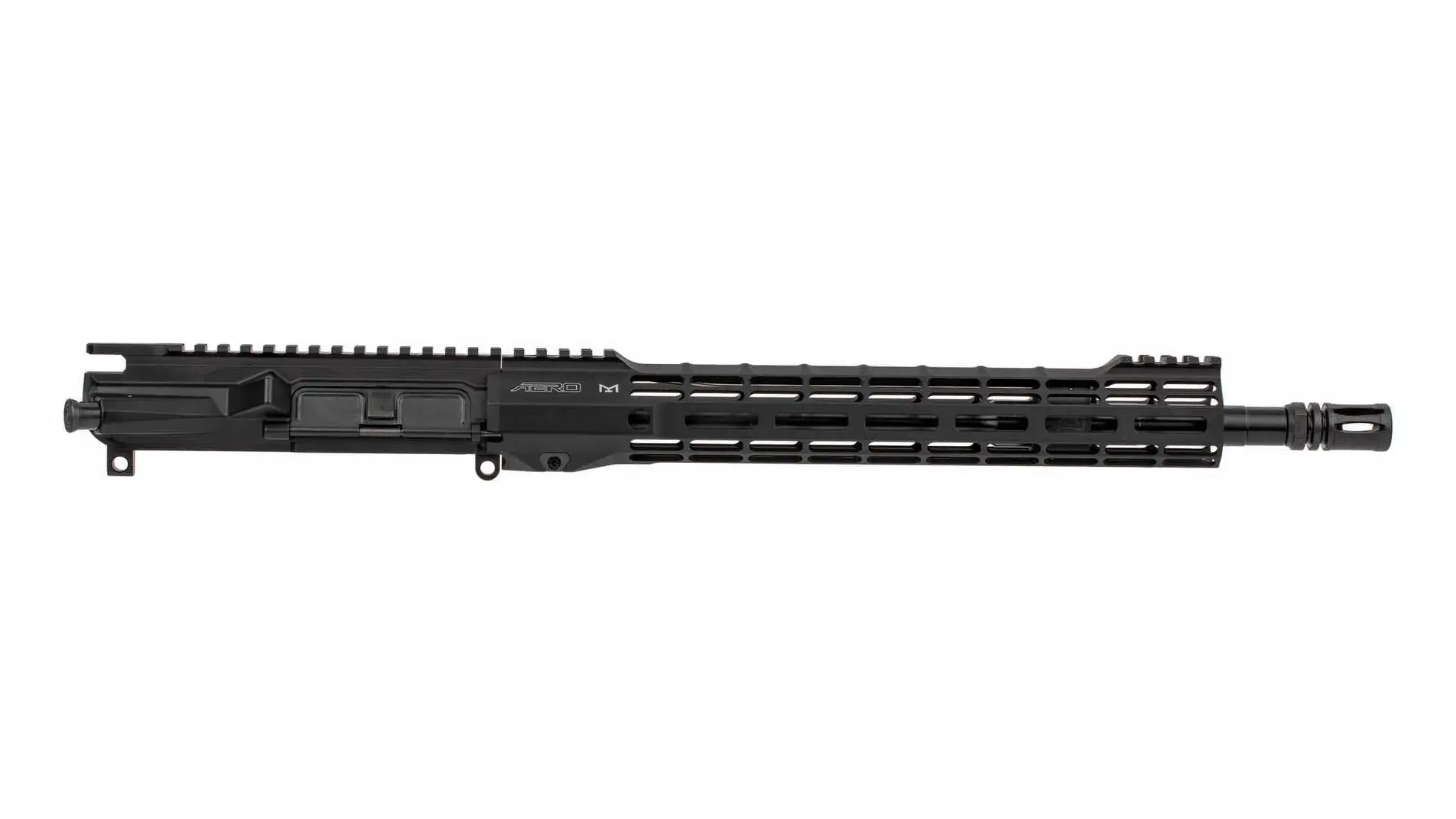 Black Aero Precision complete upper, side view on white, with a long slotted handguard printed with AERO and an M logo, a short rail section at the front of the handguard and a birdcage-style flash hider, no optic or sights (retailer listing image; barrel length and calibre are not identifiable in the photo)