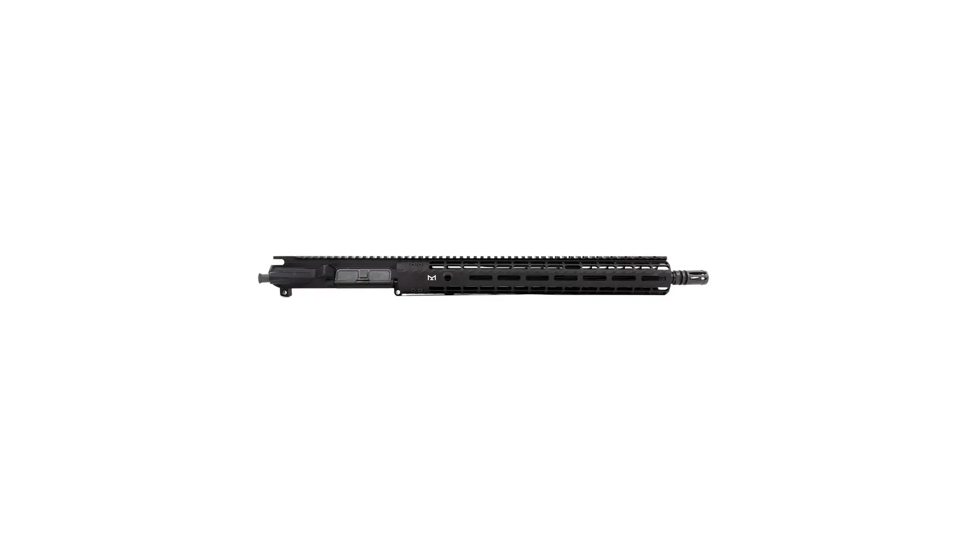 Black Aero Precision M4E1 complete upper, side view on white, with a long slotted handguard reaching nearly to the muzzle and a birdcage-style flash hider, no optic or sights