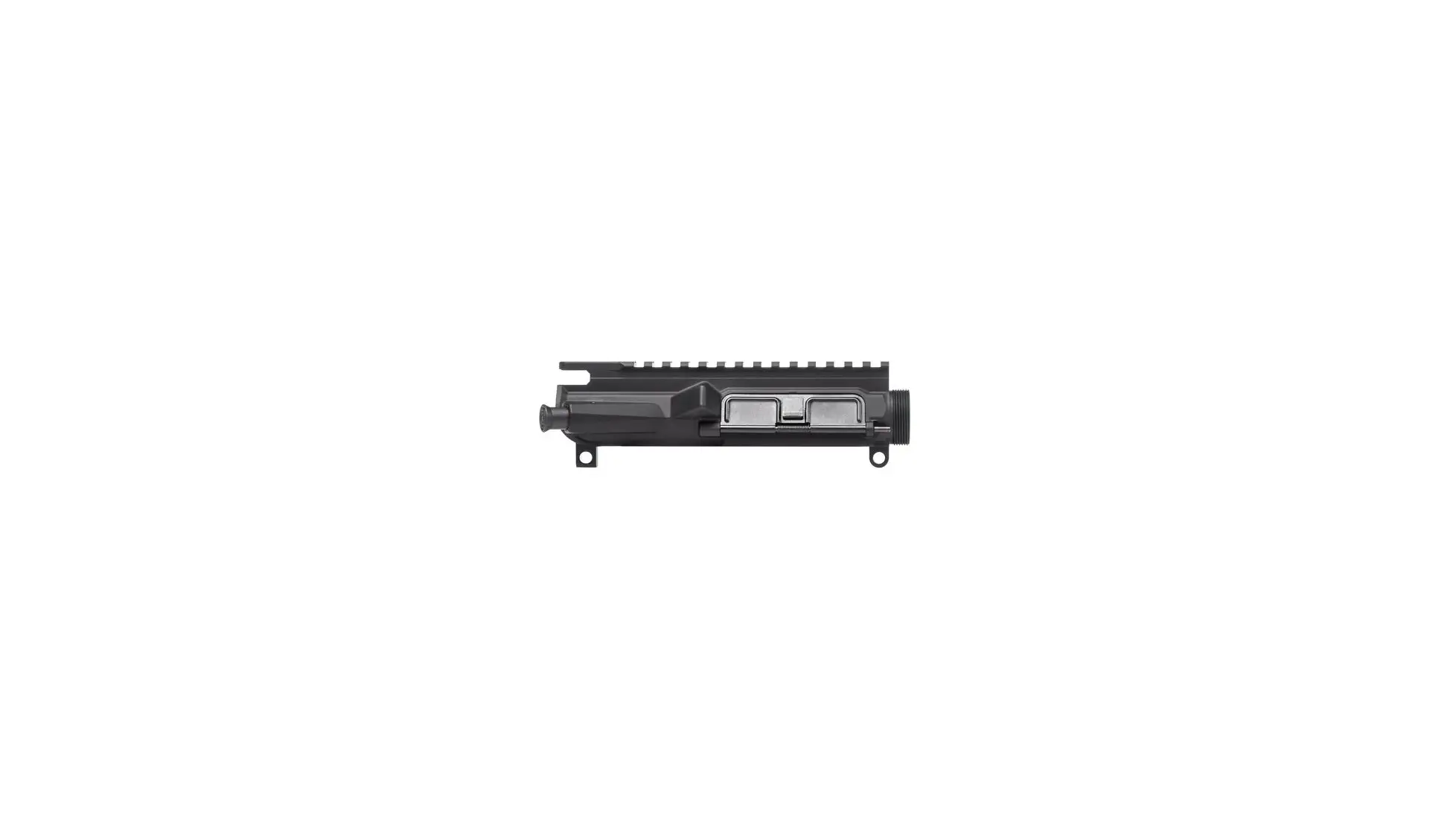 Black Aero Precision M4E1 threaded upper receiver, side view on white, showing the top rail, ejection-port cover and threaded front end, with no barrel or handguard