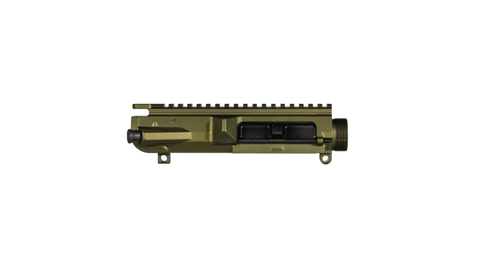 Olive-green Aero Precision M5 upper receiver, side view on white, with top rail, ejection-port cover and threaded front end, receiver only with no barrel or handguard