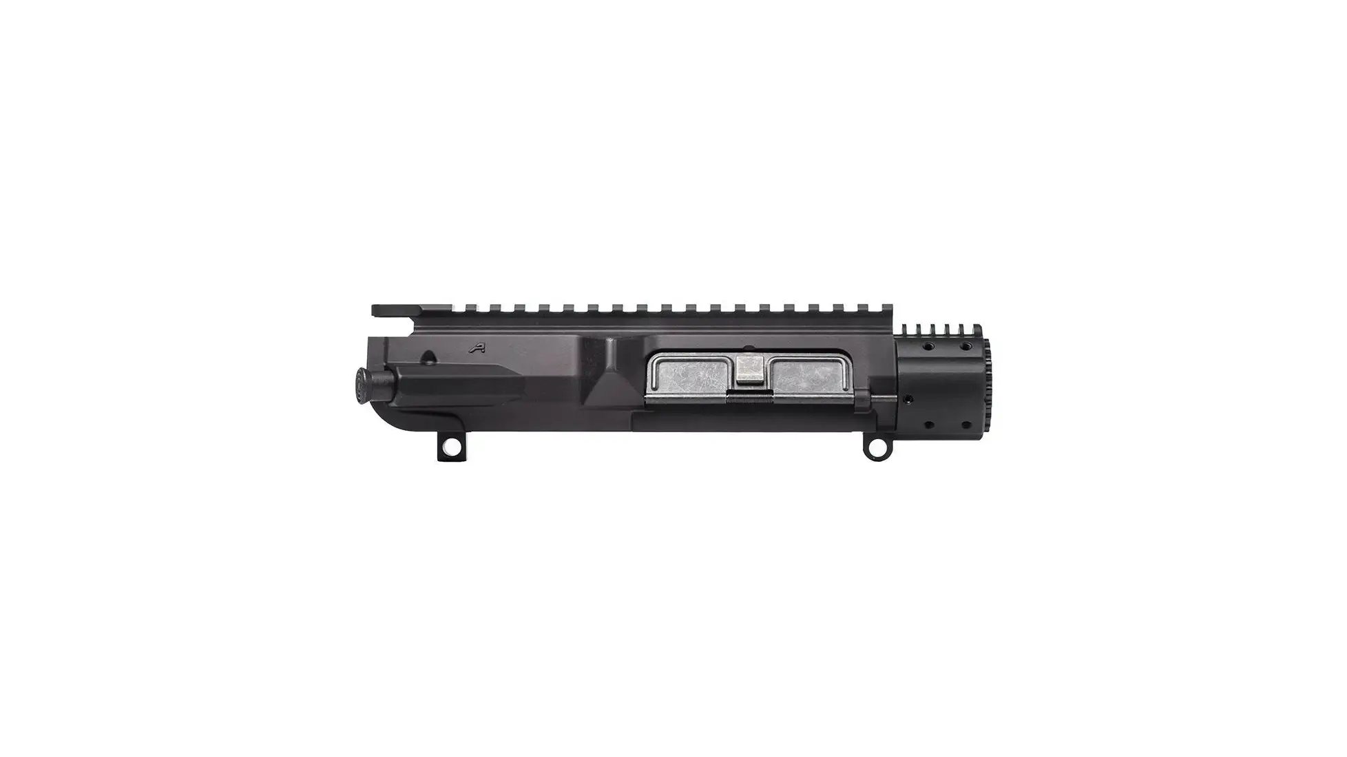 Black Aero Precision M5E1 upper receiver, side view on white, with top rail and ejection-port cover, receiver only with no barrel or handguard