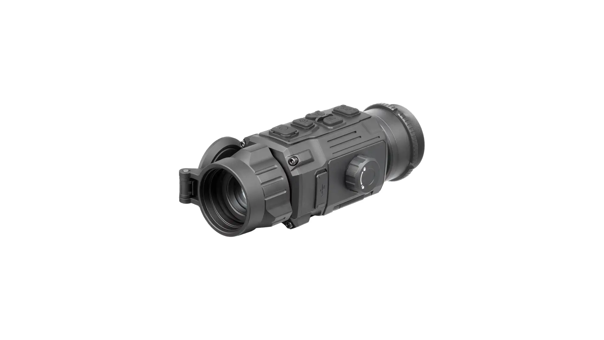 Dark grey cylindrical thermal unit with flip-up lens cap, top buttons and side knob (OpticsPlanet listing photo, Rattler-C V2 19-256)