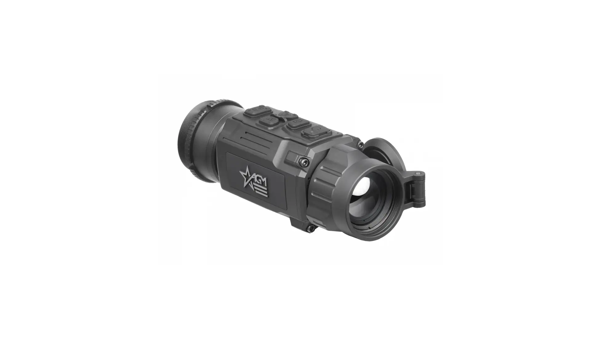 Dark grey AGM thermal unit with flip-up lens cap and top buttons (OpticsPlanet listing photo, Rattler-C V2 35-384)