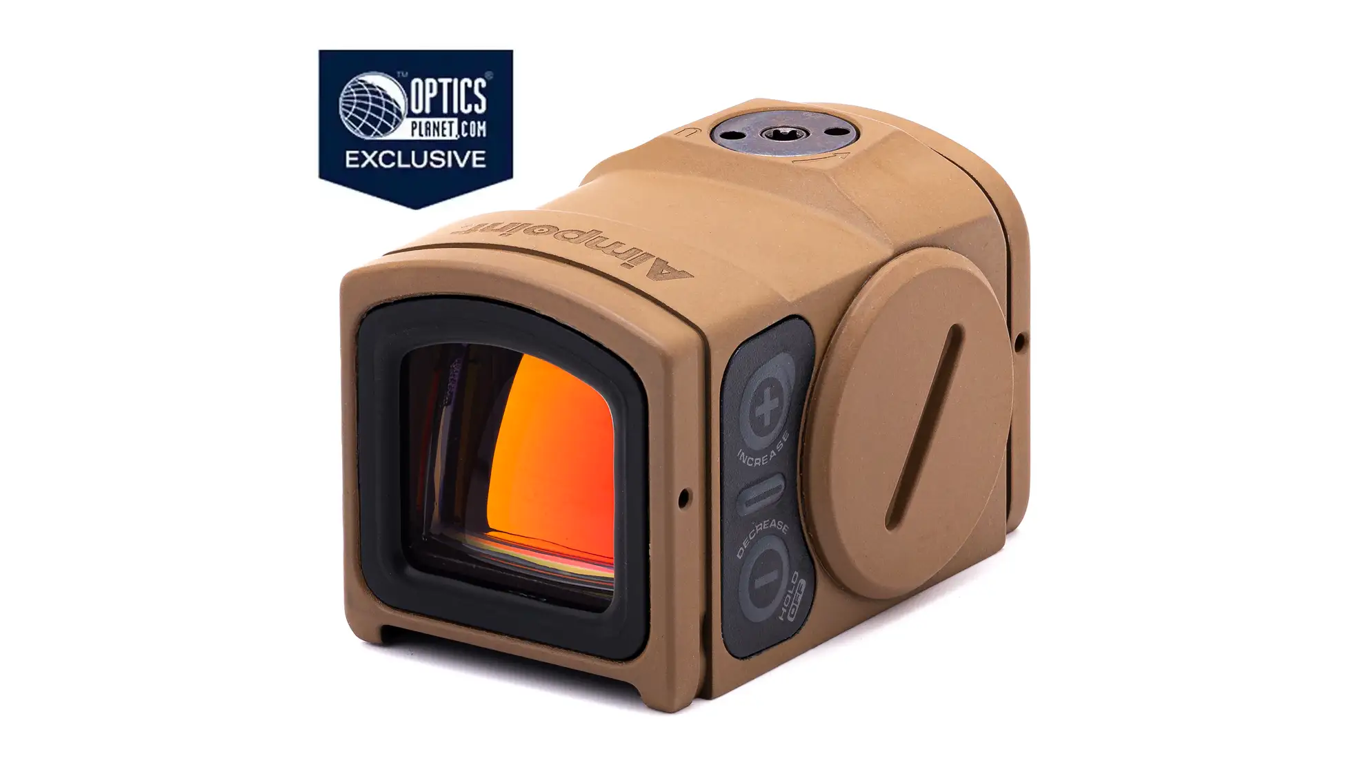 Aimpoint ACRO P-2, a fully enclosed-emitter duty pistol red dot on the ACRO footprint with a 3.5 MOA red dot, Coyote Tan