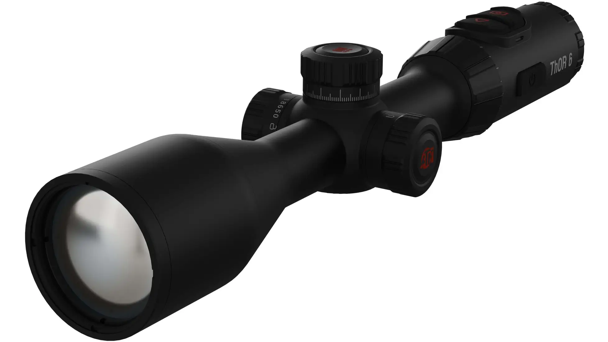 Black ATN ThOR 6 thermal riflescope with large objective, turrets and 18650 battery cap