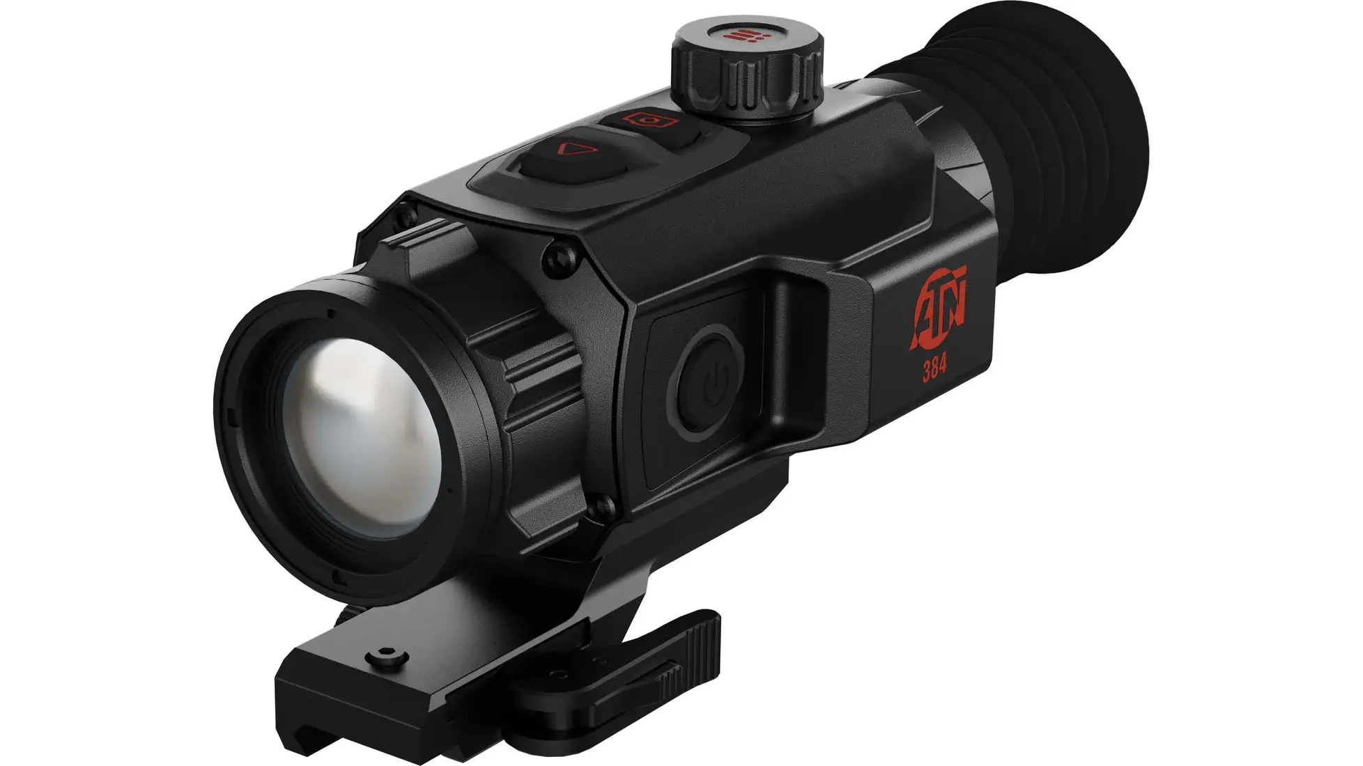 Black compact ATN thermal riflescope marked 384, with rubber eyecup and quick-release mount