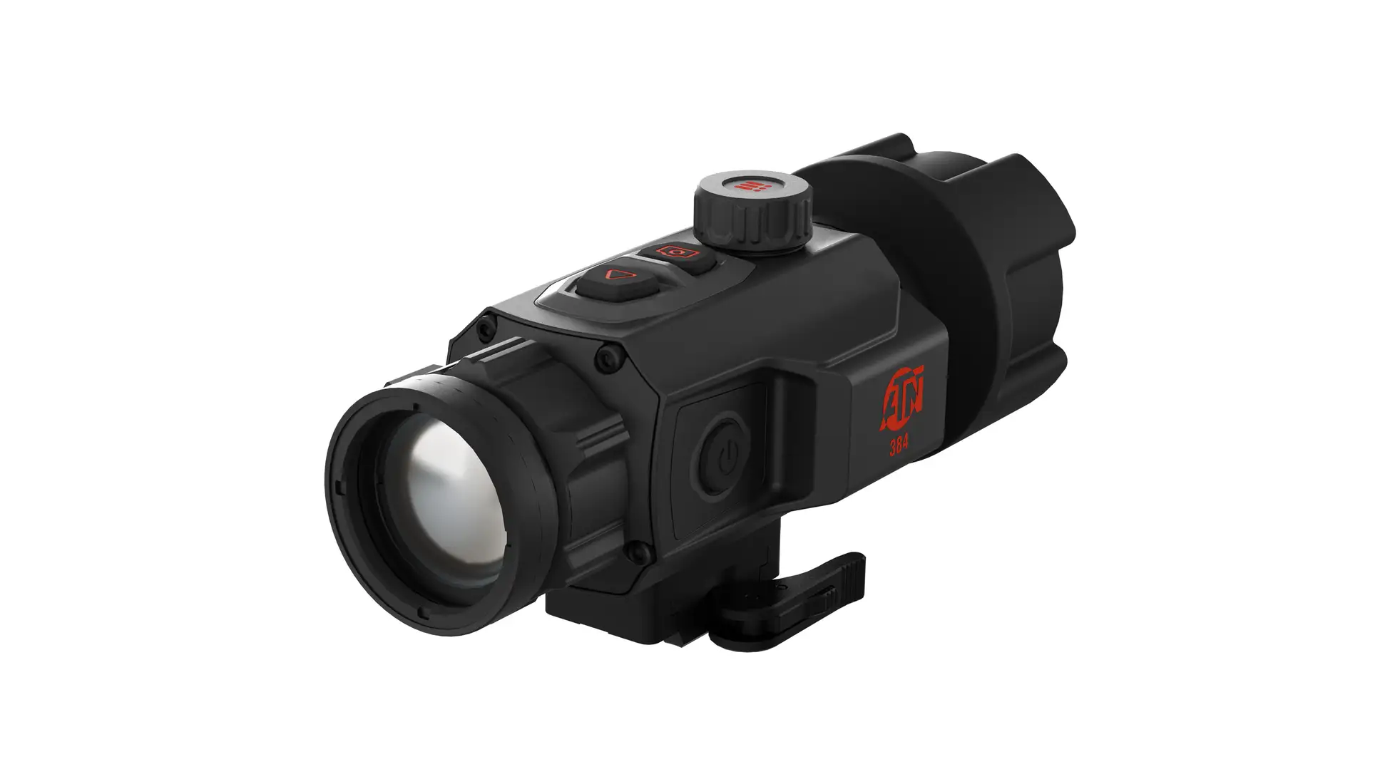 Black ATN clip-on thermal unit marked 384, with top controls and quick-release rail mount