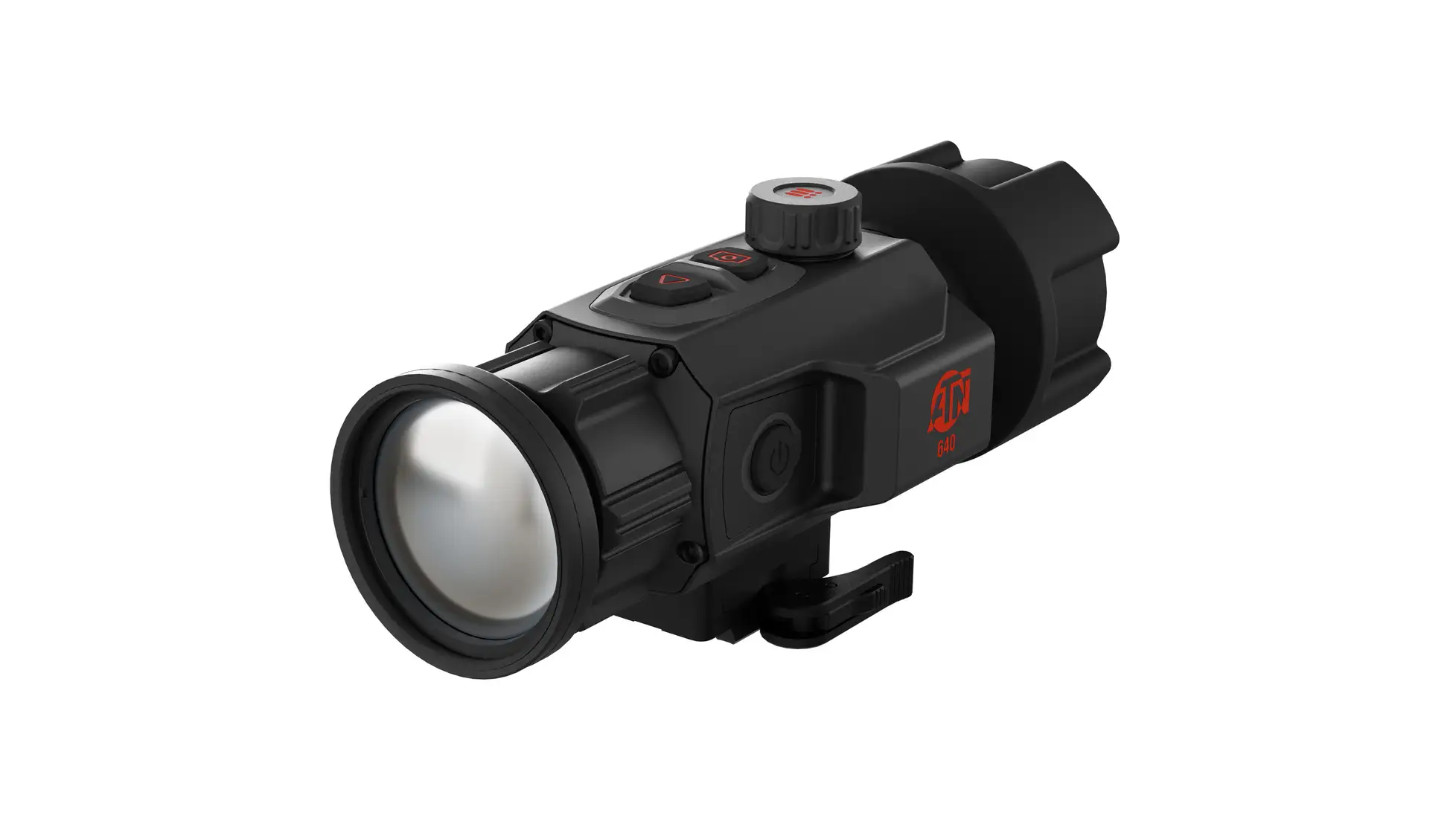 Black ATN clip-on thermal unit marked 640, with large objective lens and quick-release rail mount