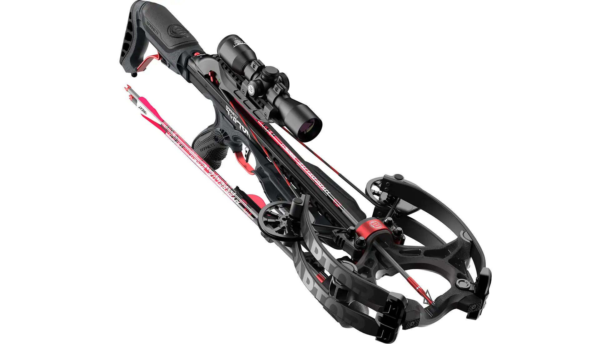 Black and red Barnett Raptor crossbow with mounted scope and arrows (OpticsPlanet listing photo)