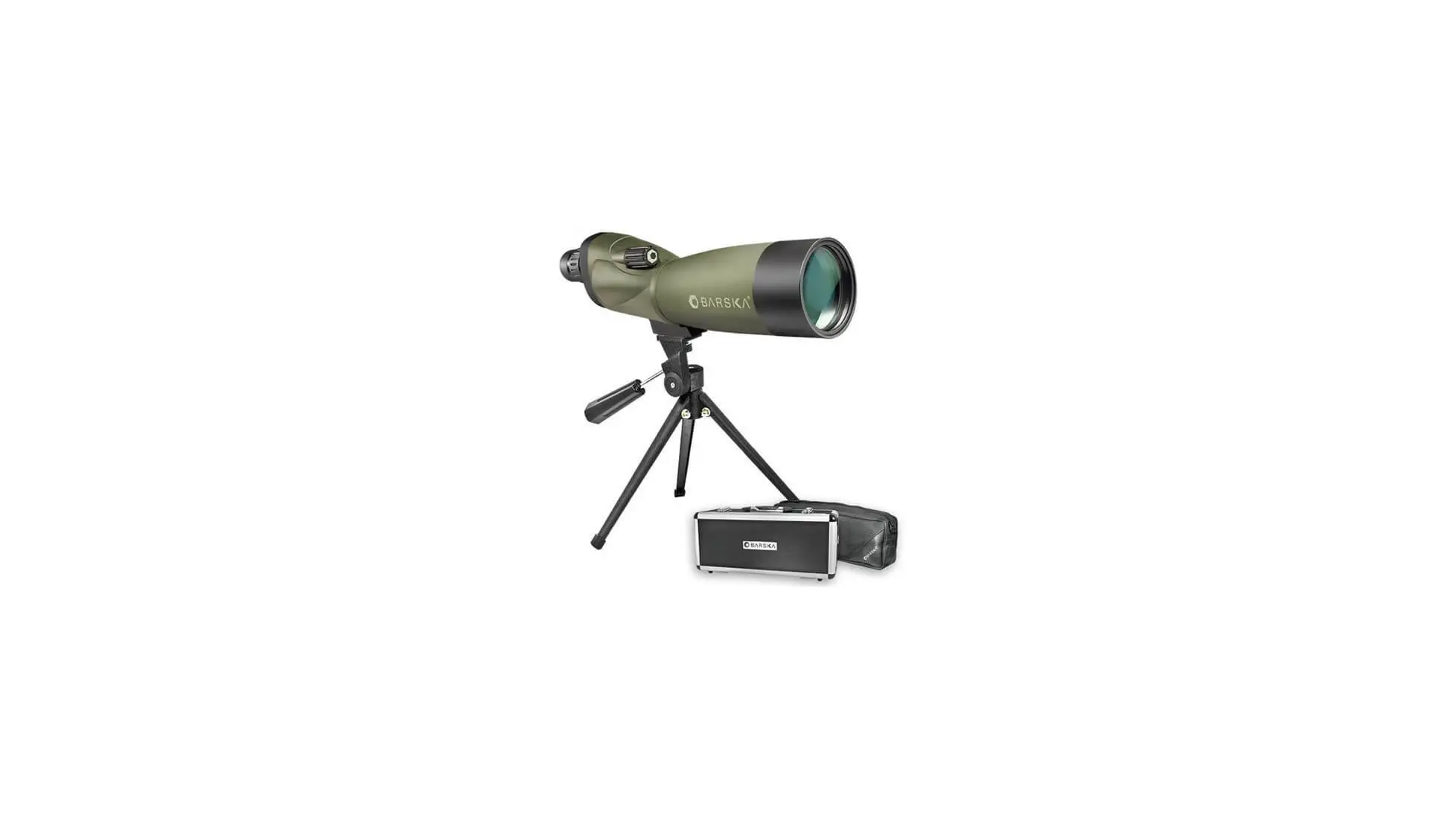 Barska Blackhawk 20-60x60 waterproof spotting scope, straight body in green, shown with its tripod and cases