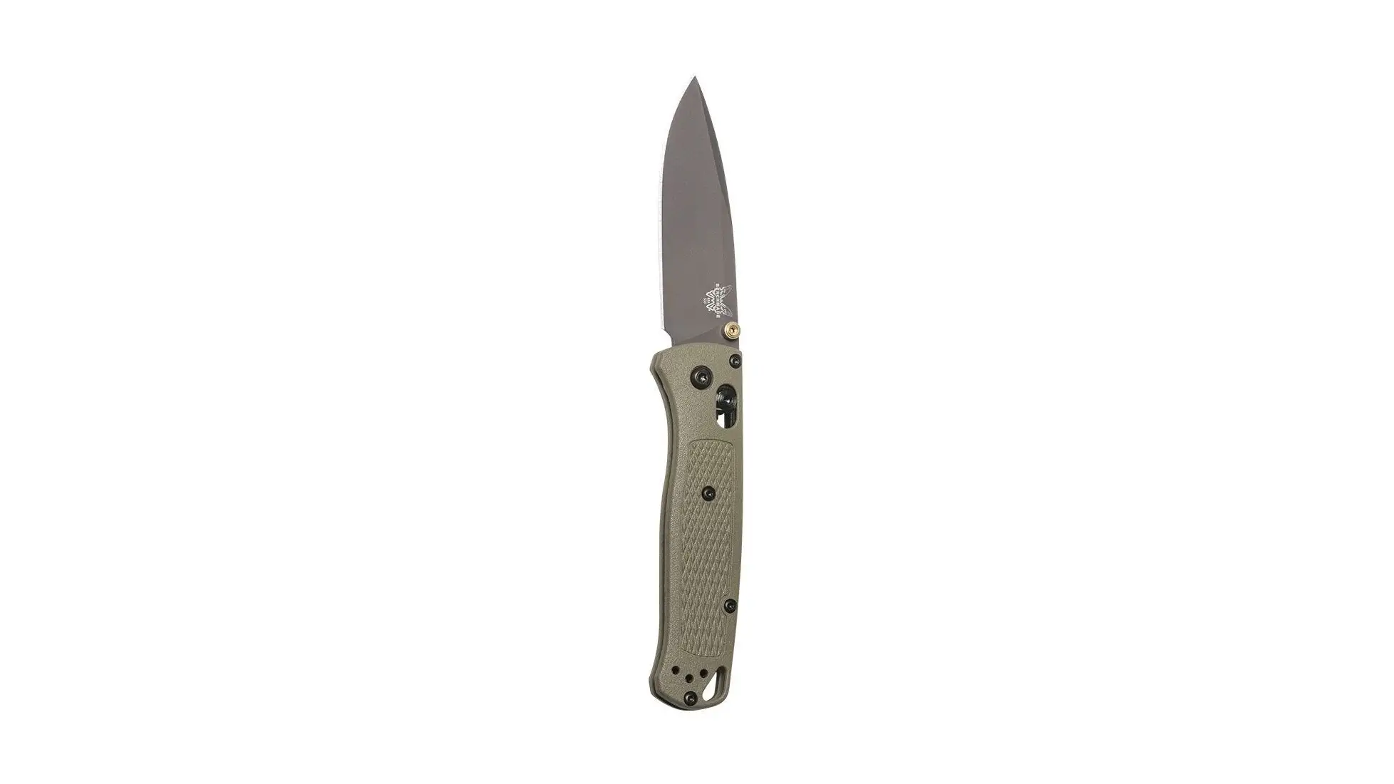 Benchmade Bugout folding knife with a gray coated drop-point blade and green Grivory handle