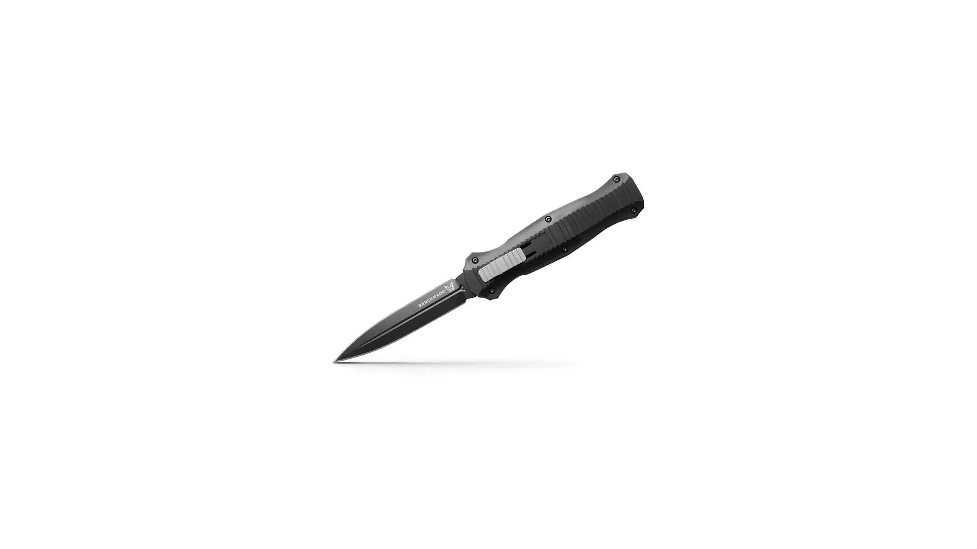 Benchmade Infidel knife on white with its black double-edge dagger blade extended, black textured handle and grey slider button