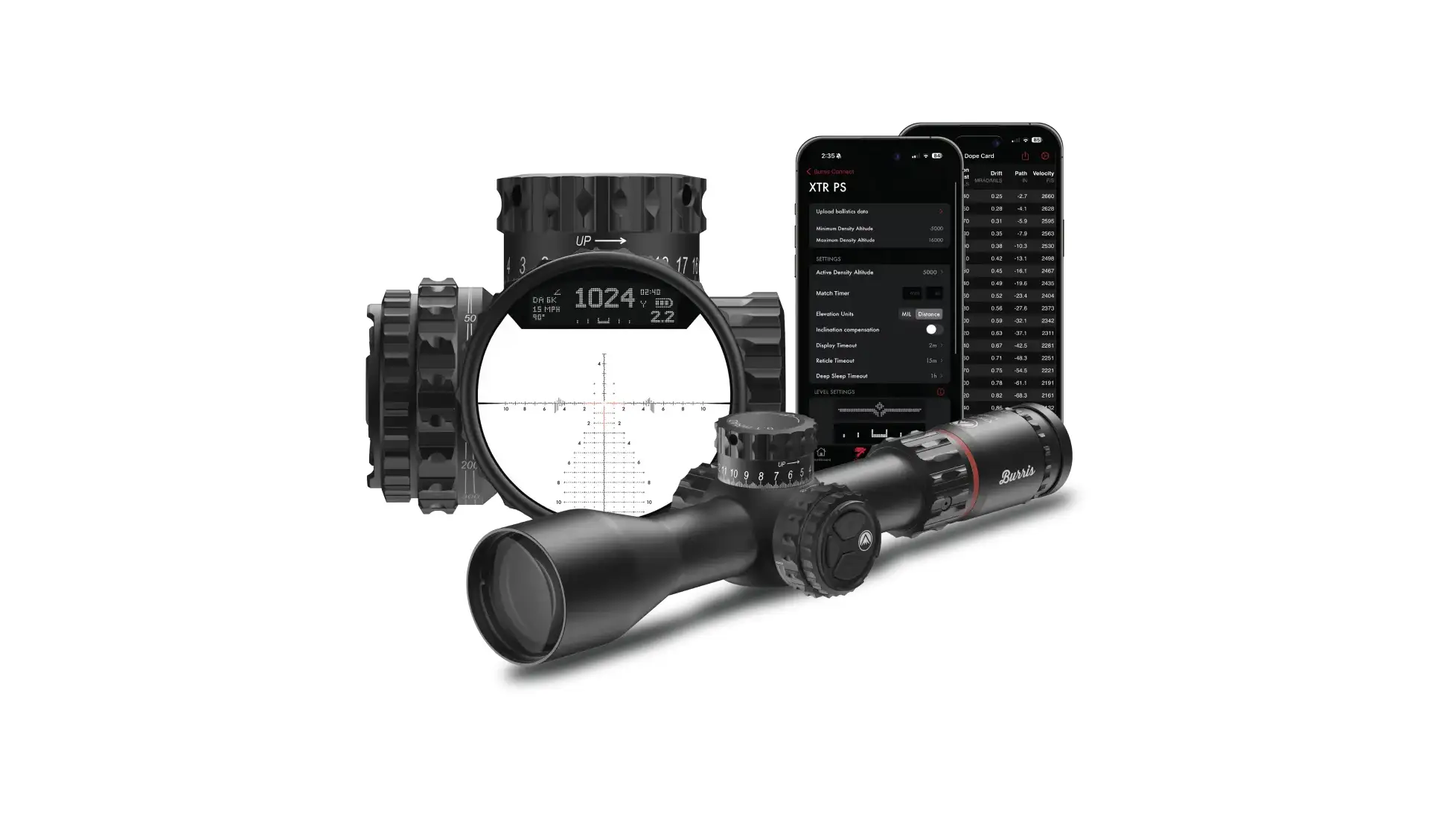 Burris XTR PS riflescope shown with a close-up of its illuminated reticle display and the Burris Connect app on two phone screens.