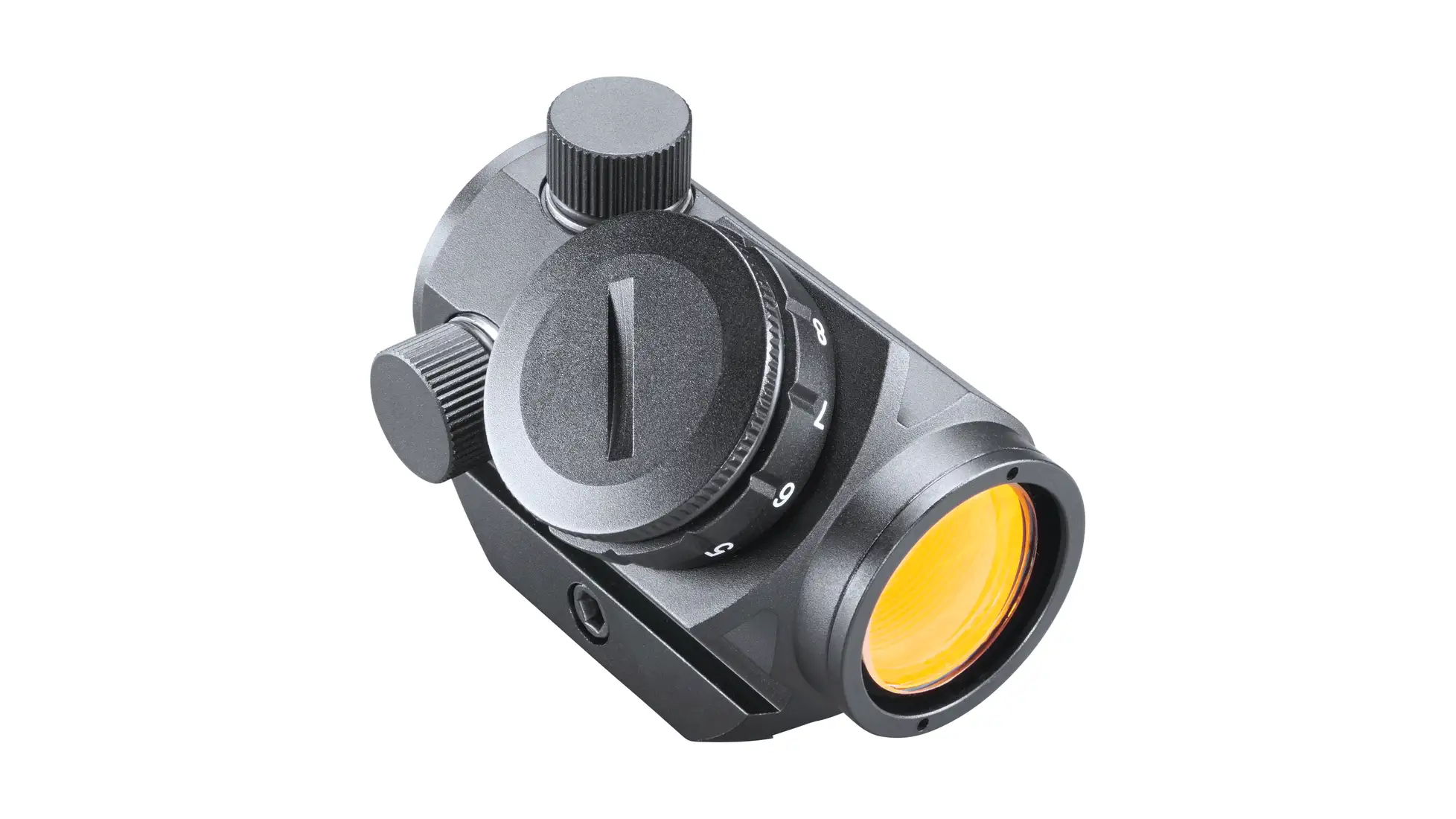 Bushnell Trophy TRS 1x25 red dot sight, a matte black tube dot with an amber-coated objective lens, a numbered brightness dial and an integral Picatinny mount