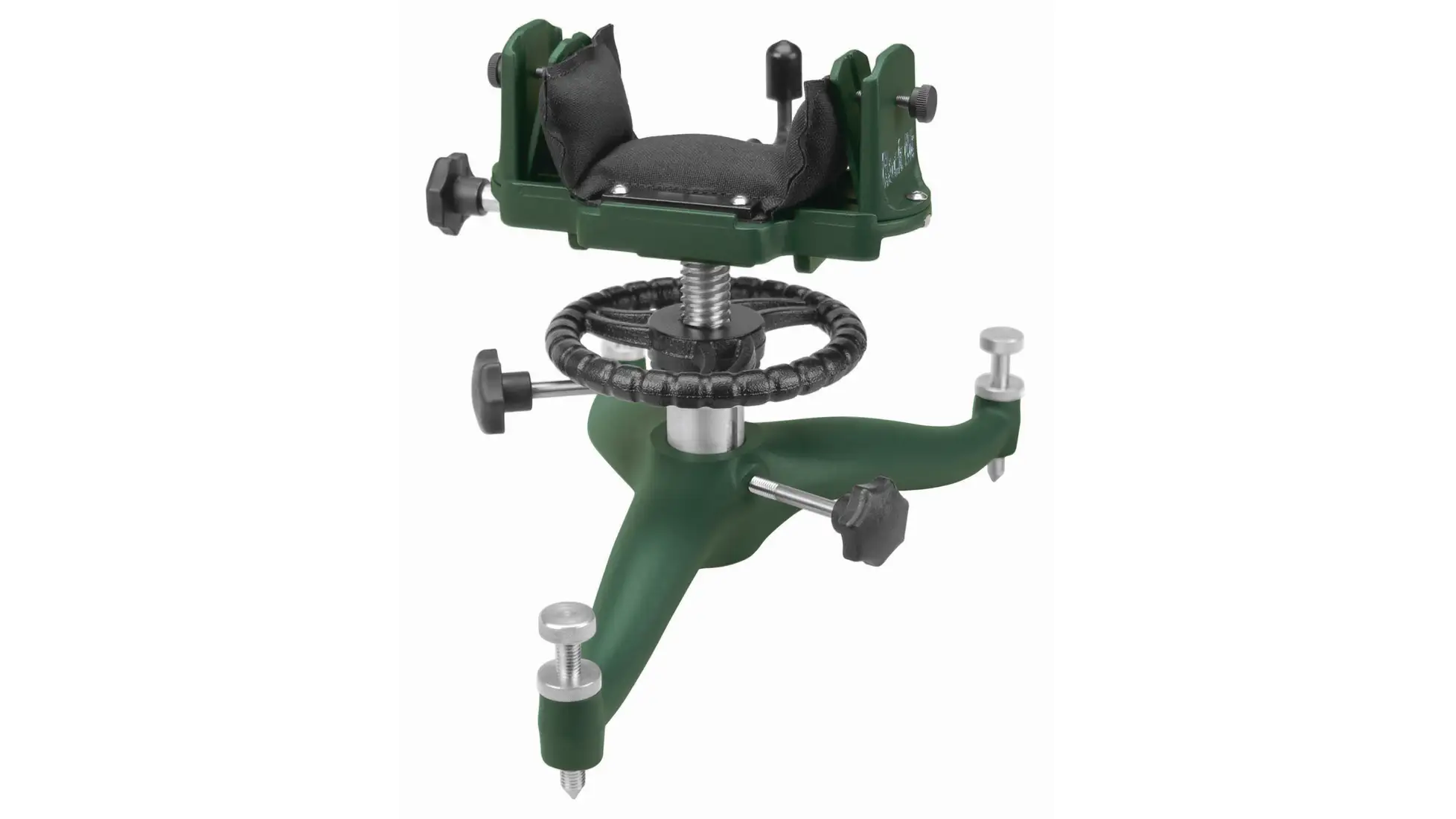 Caldwell Rock BR front rest in green with a sandbag cradle, a windage wheel and spiked feet