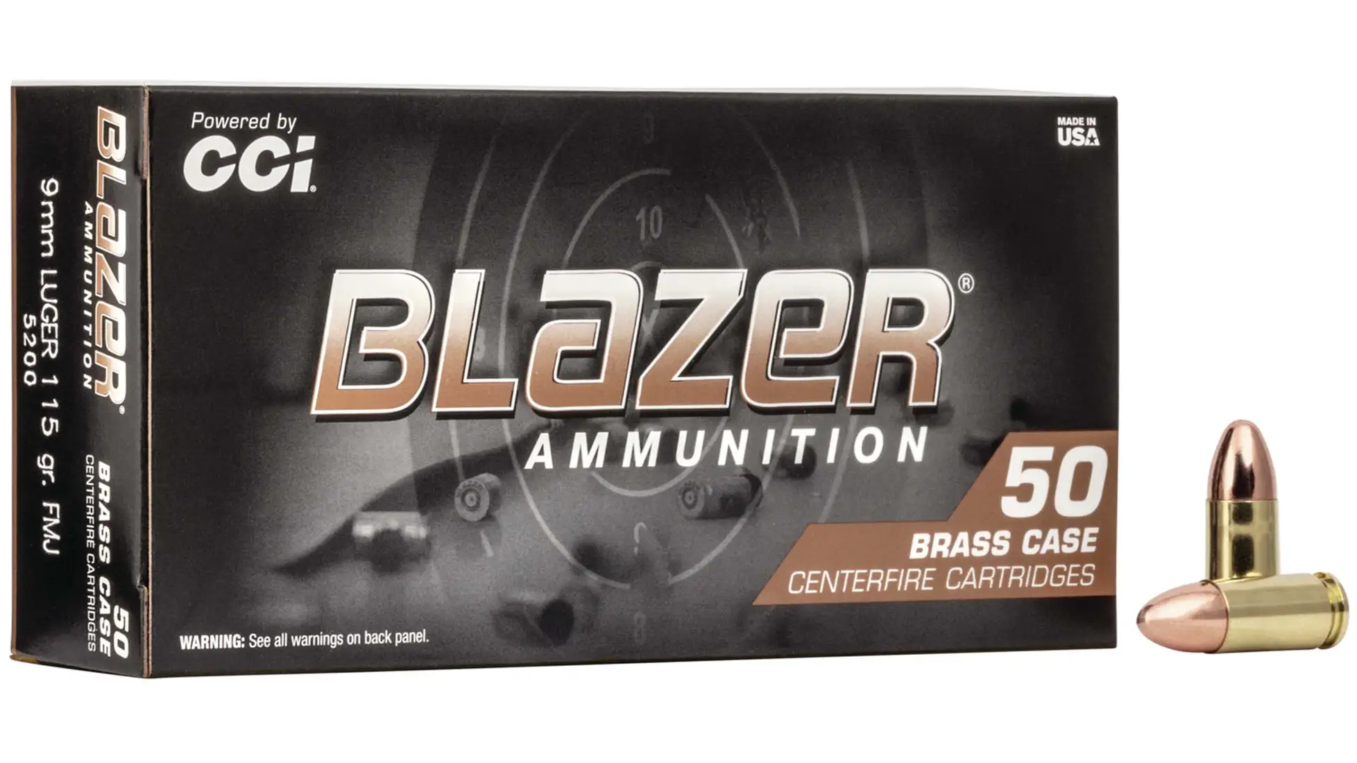 Box of CCI Blazer Brass 9mm Luger 115 grain full metal jacket ammunition, 50 rounds, 5200