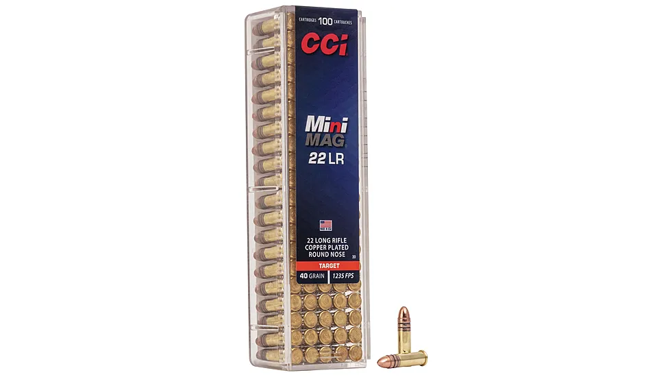 Box of CCI Mini-Mag .22 Long Rifle 40 grain copper plated round nose ammunition, 100 rounds, part 30