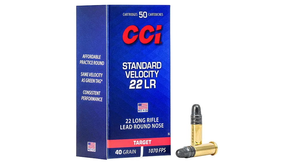 Box of CCI Standard Velocity .22 Long Rifle 40 grain lead round nose ammunition, 50 rounds, part 35