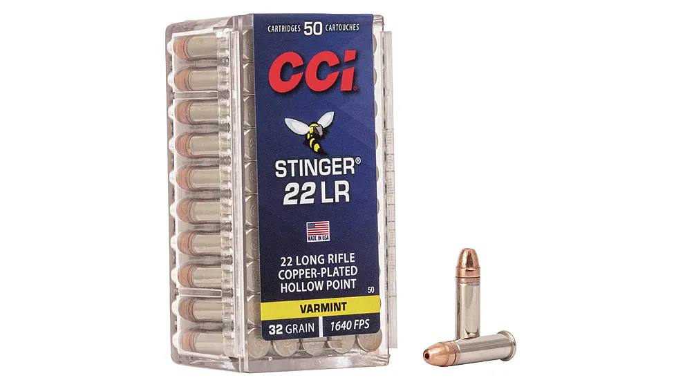 Box of CCI Stinger .22 Long Rifle 32 grain copper plated hollow point ammunition, 50 rounds, part 50