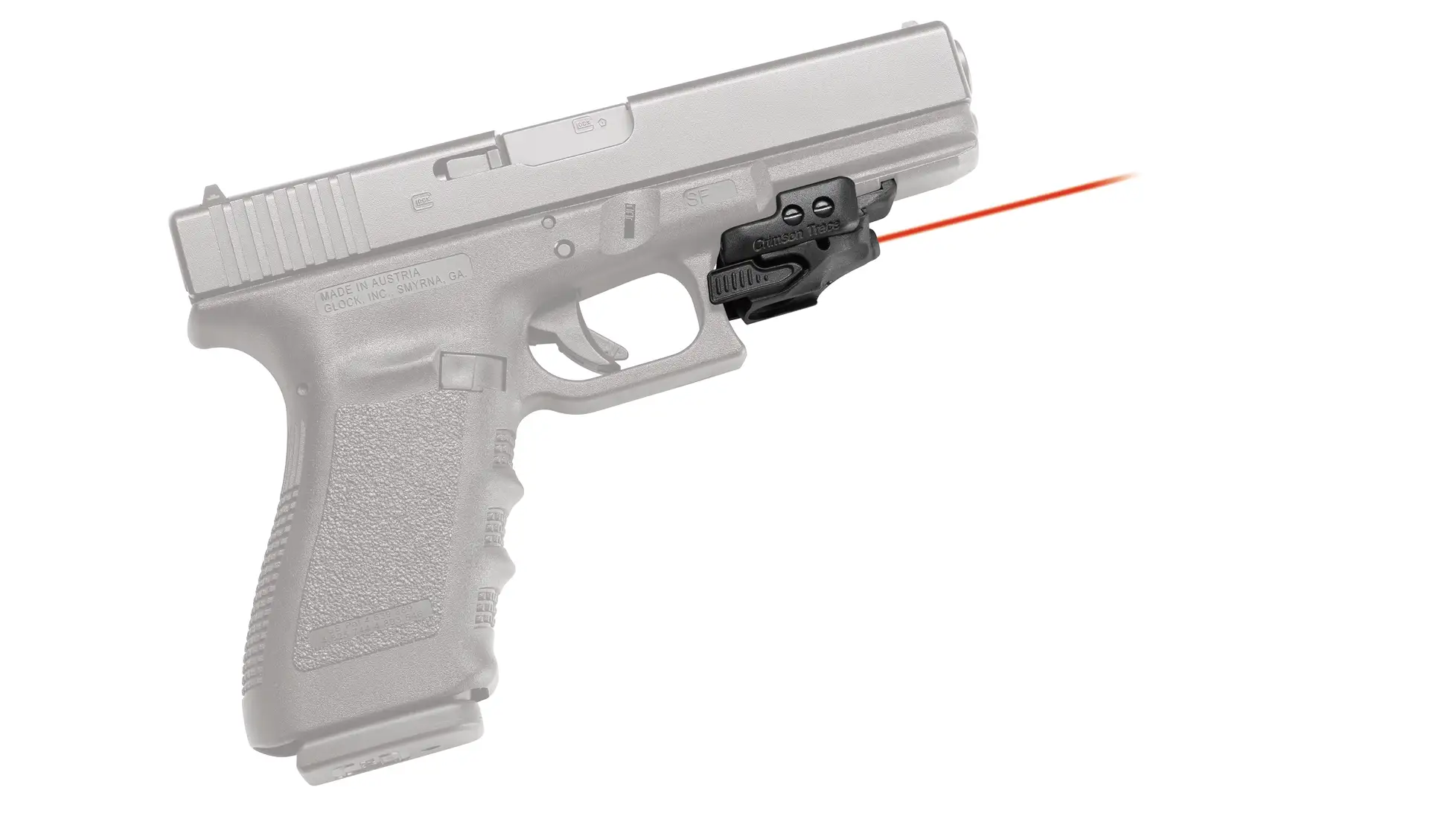 Crimson Trace CMR-201 Rail Master compact rail laser in black, shown under a pistol with a red beam