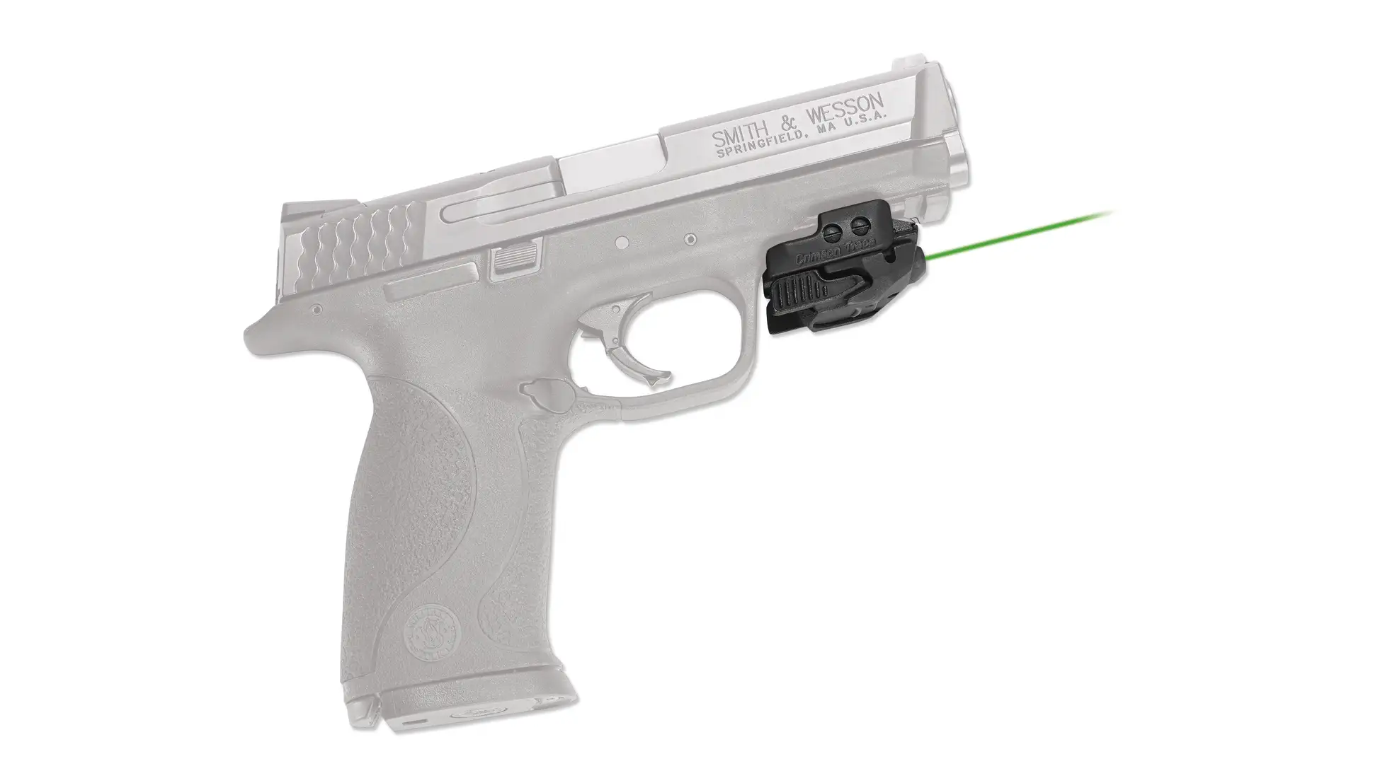 Crimson Trace CMR-206 Rail Master compact rail laser in black, shown under a Smith & Wesson pistol with a green beam