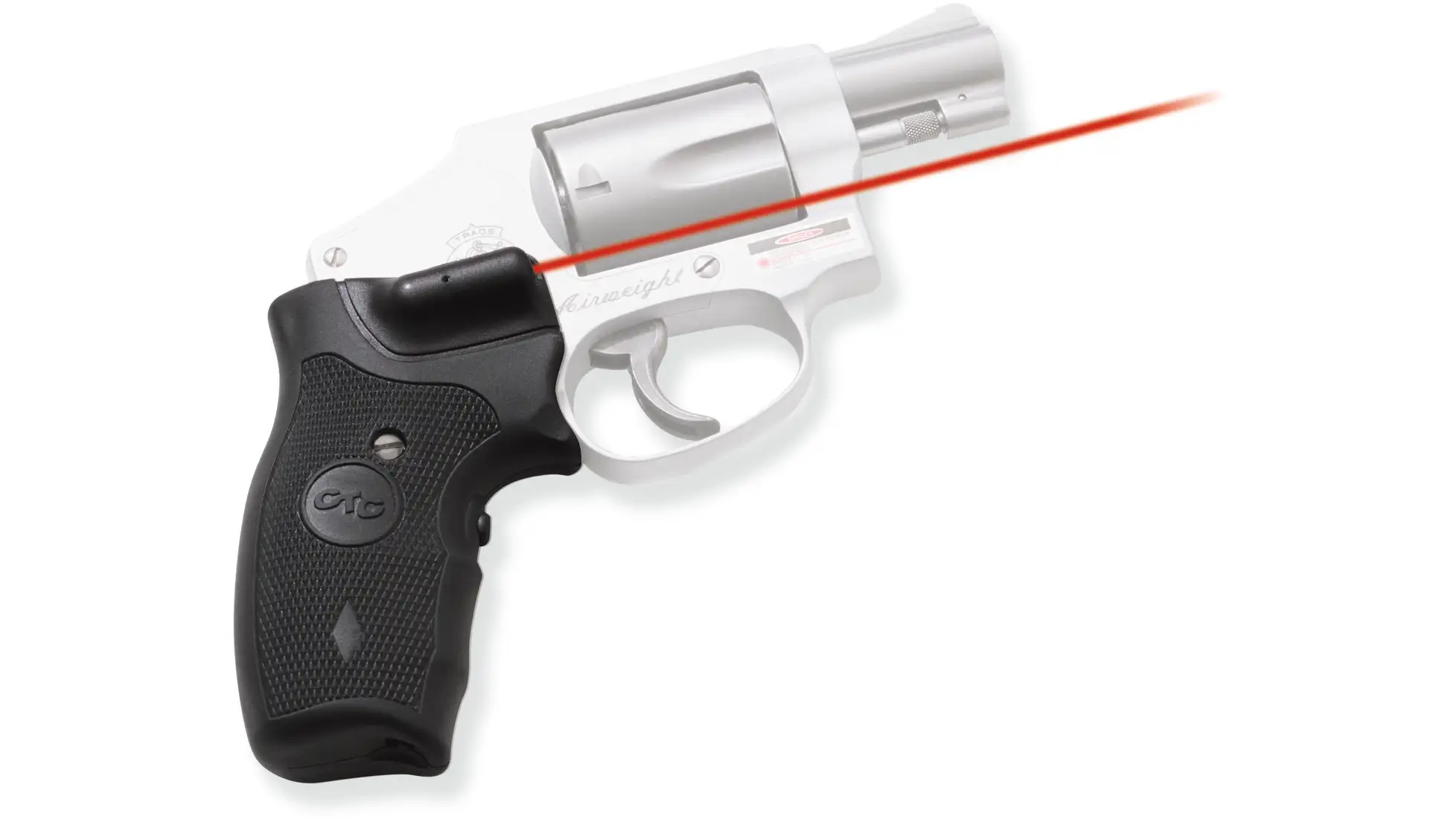 Crimson Trace LG-305 Lasergrips, black laser grips shown on a small revolver with a red beam
