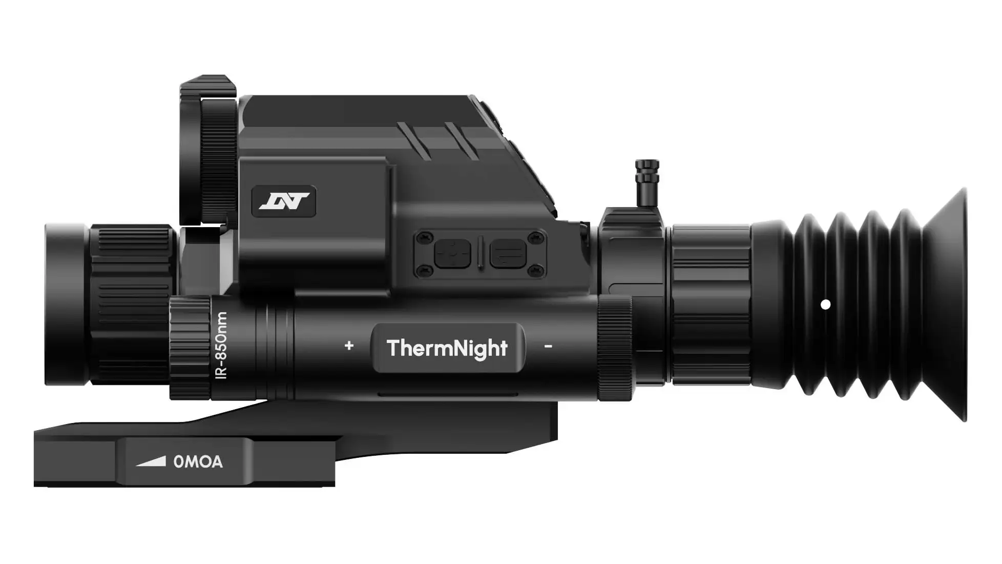 DNT Optics ThermNight thermal and day/night rifle scope, side view, mount base marked 0MOA (OpticsPlanet listing photo used for both the TNC335R and TNC635R)
