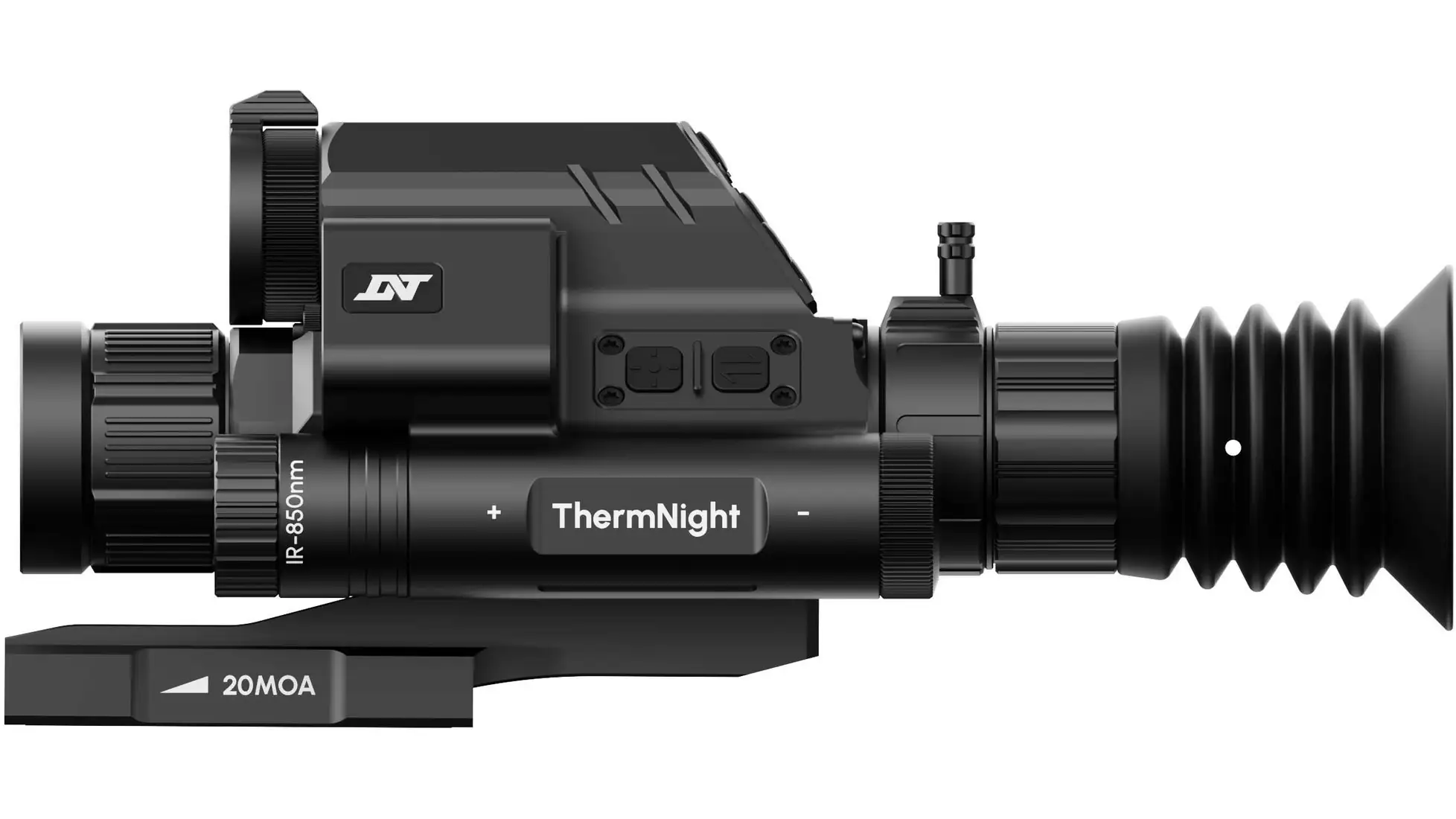DNT Optics ThermNight thermal and day/night rifle scope, side view, mount base marked 20MOA (OpticsPlanet listing photo for the TNC225R)