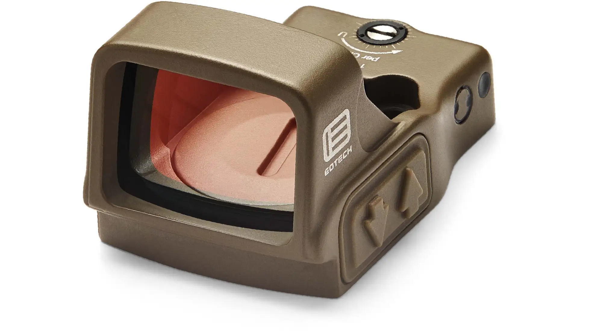 EOTech EFLX Mini Reflex open emitter pistol red dot sight in tan with a 6 MOA dot and a large rectangular window
