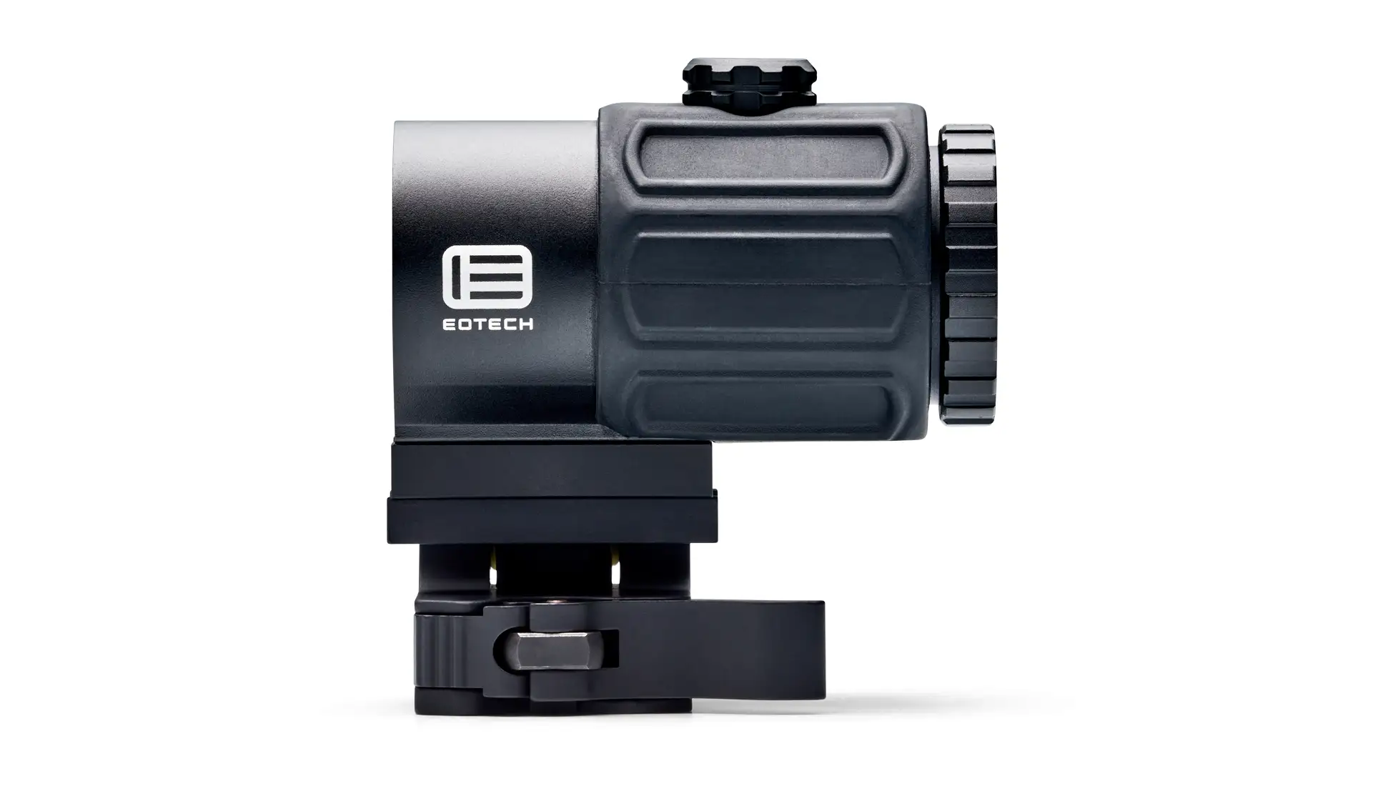 EOTech G43 3x magnifier, black, side view on a quick-detach flip mount