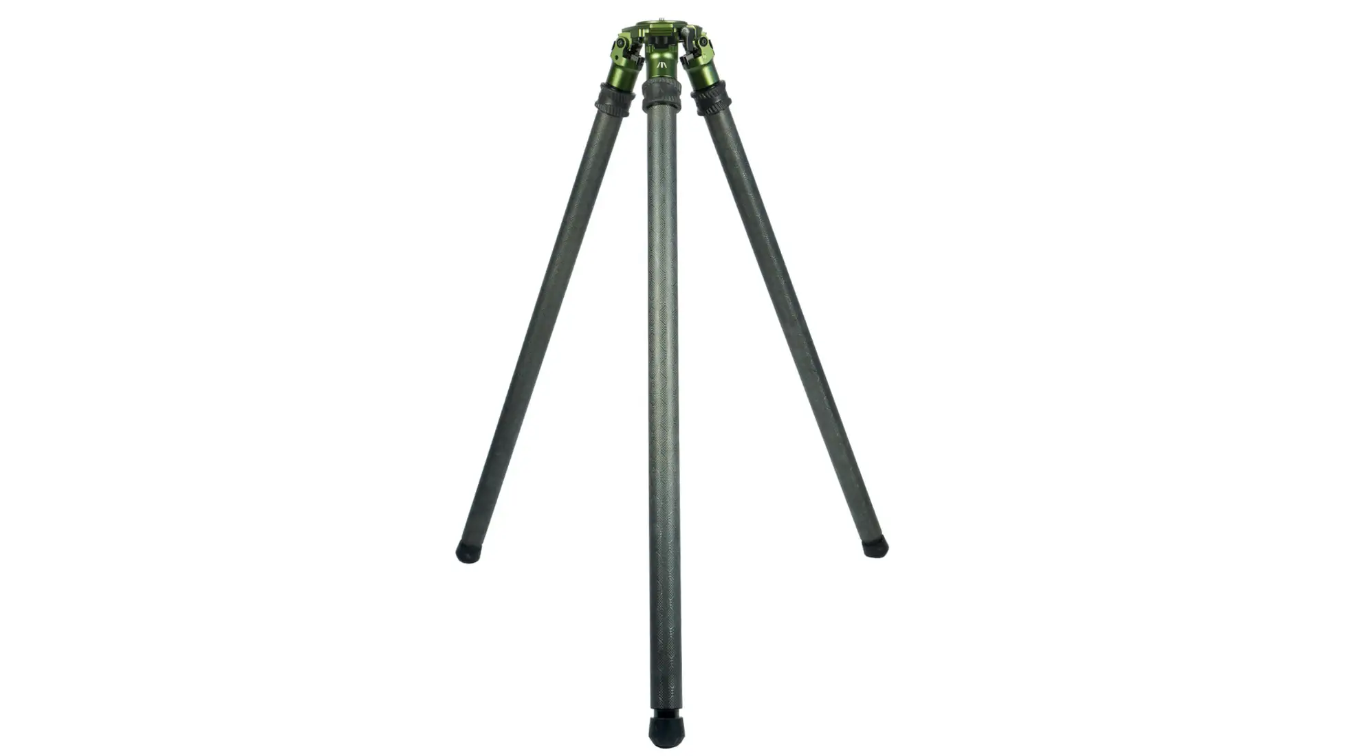 Tripod with green head and textured grey legs, one twist lock per leg, legs collapsed