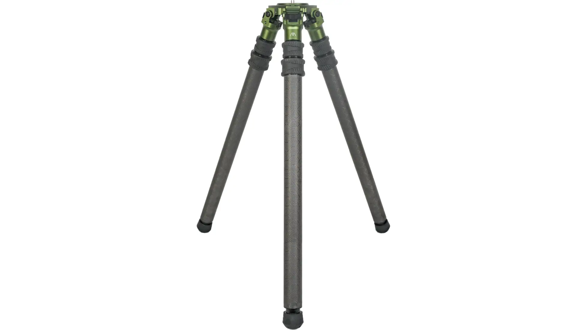 Tripod with green head and knurled dark grey legs, two twist locks per leg, legs collapsed
