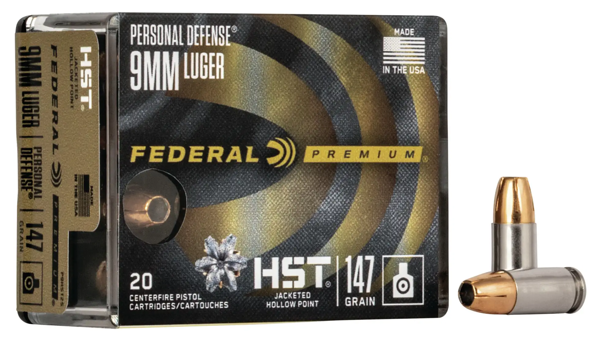 Box of Federal Premium Personal Defense HST 9mm Luger 147 grain JHP ammunition, 20 rounds, P9HST2S