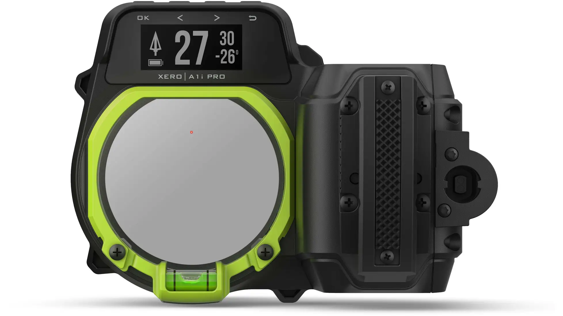 Black Garmin Xero A1i PRO bow sight with green-ringed sight window and top display