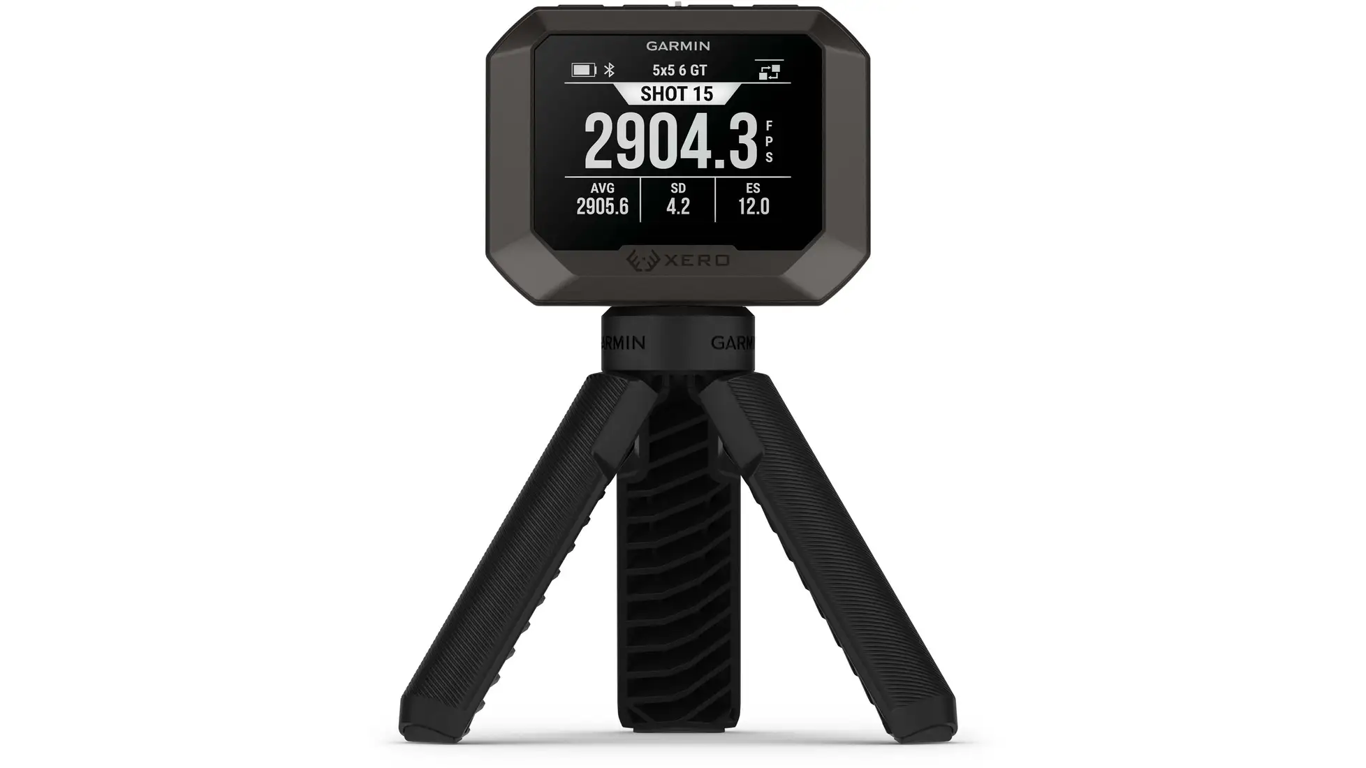 Garmin Xero chronograph on a black mini tripod with shot-speed screen