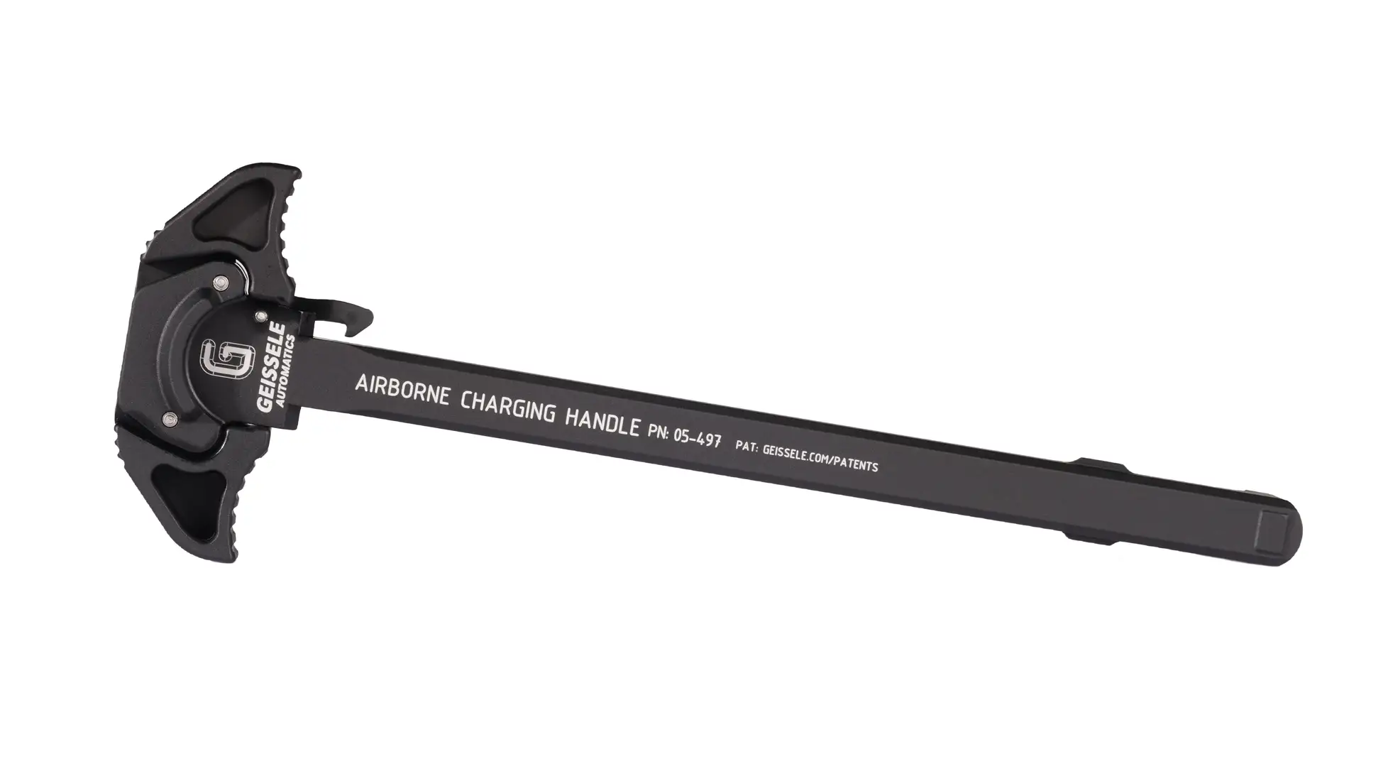 Geissele Airborne Charging Handle in black, marked Airborne Charging Handle PN 05-497