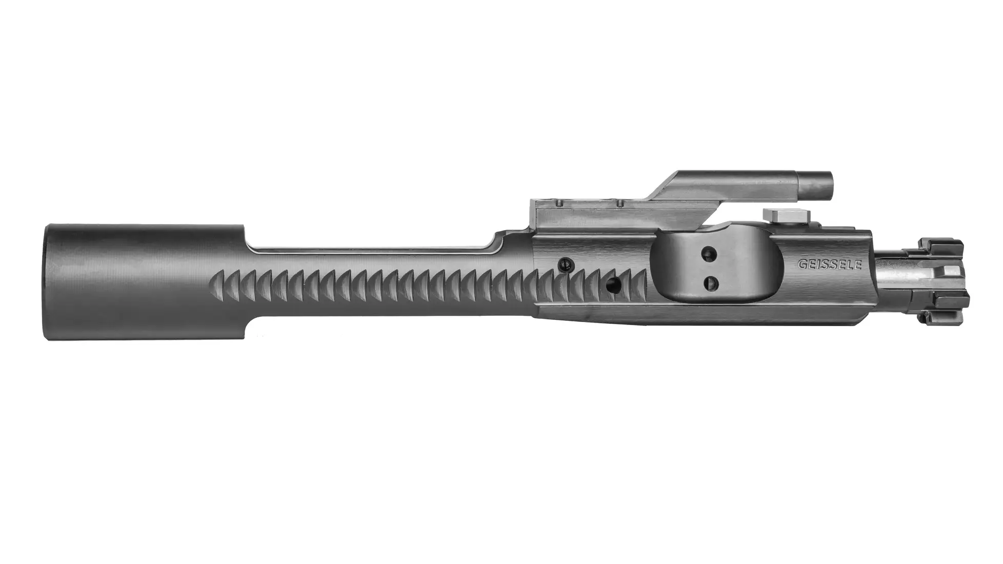 Geissele Reliability Enhanced bolt carrier group in dark gray with GEISSELE engraved on the carrier