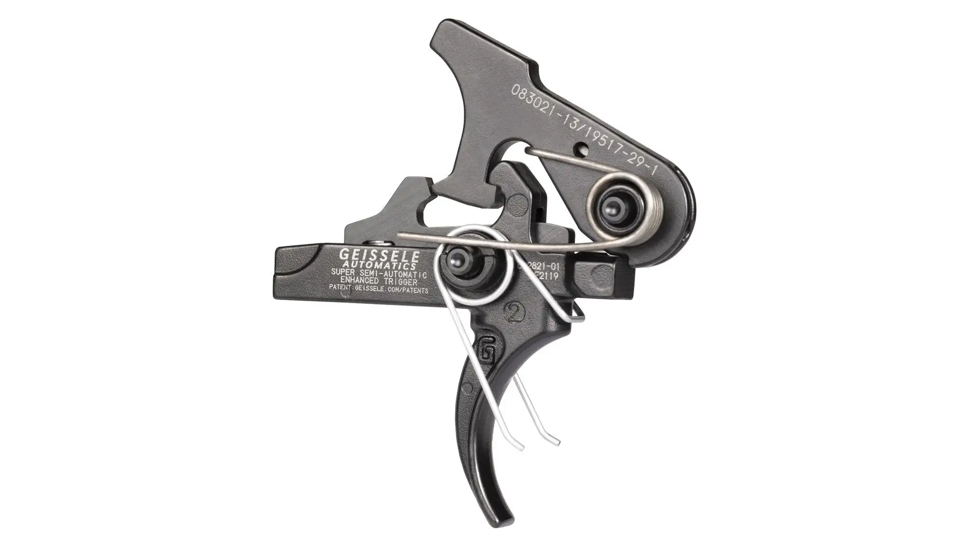 Geissele SSA-E trigger group with a curved blade, marked Super Semi-Automatic Enhanced Trigger