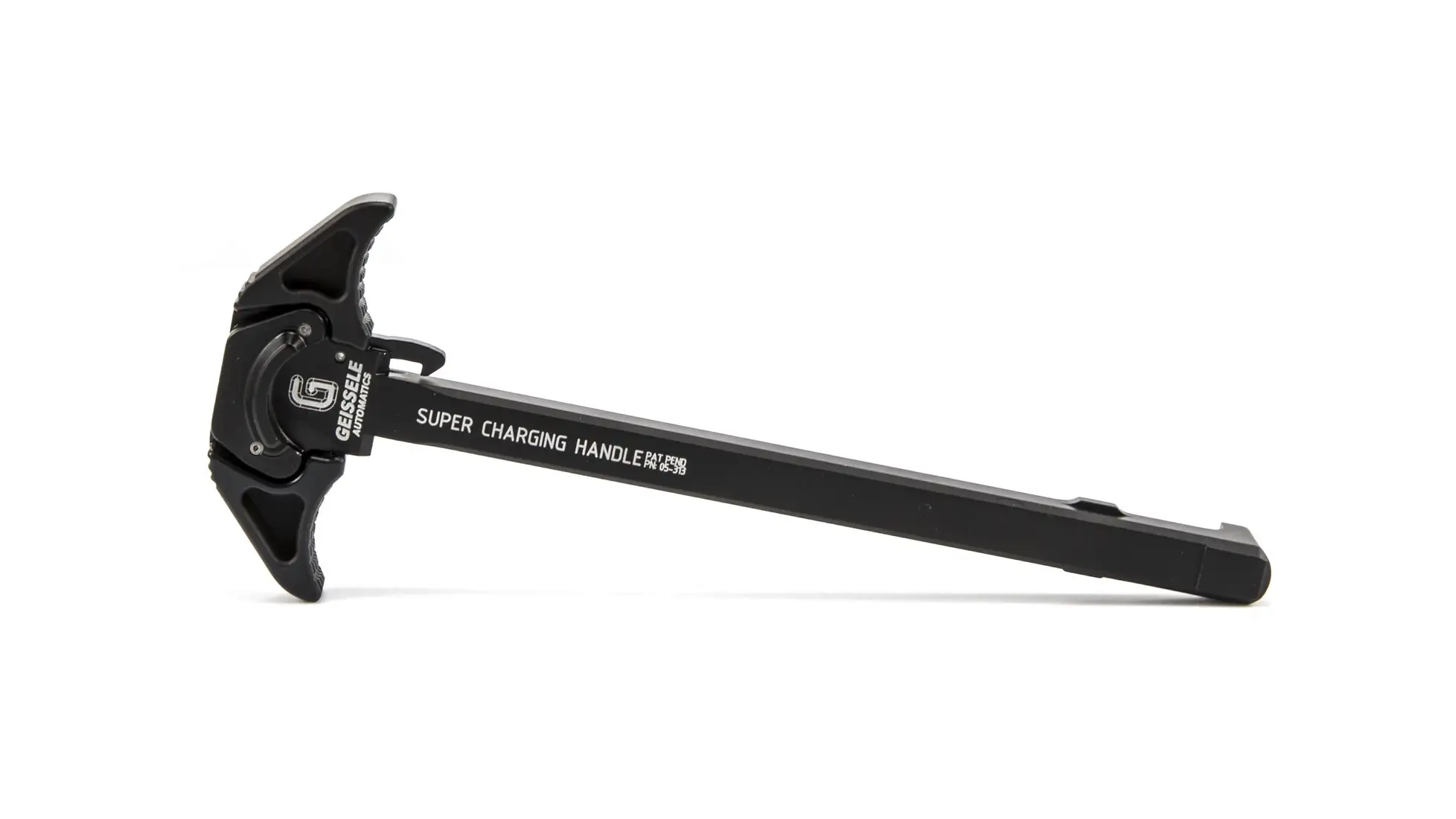 Geissele Super Charging Handle in black with SUPER CHARGING HANDLE printed on it
