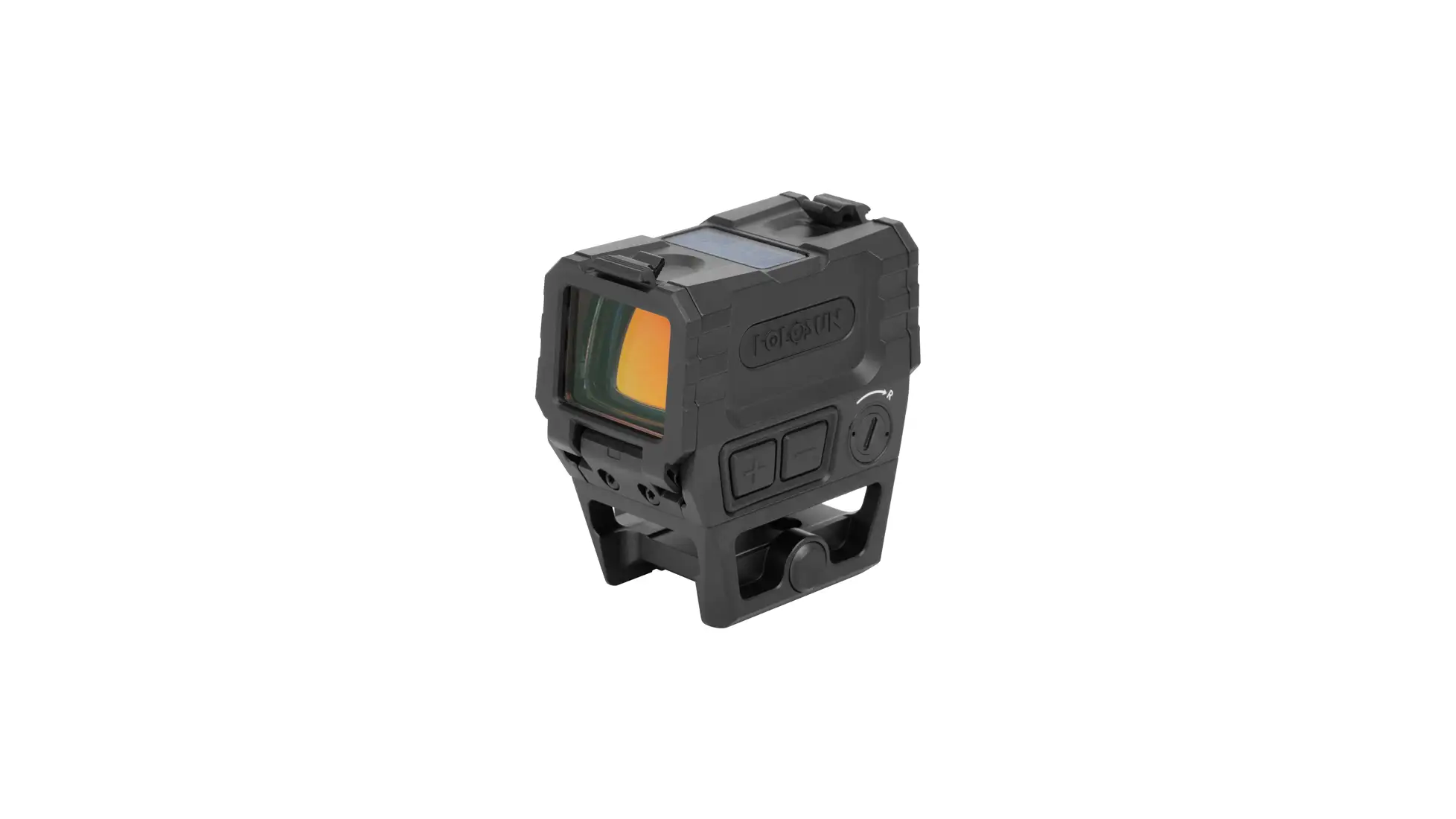 Holosun AEMS PRO X2, a fully enclosed-emitter rifle red dot with a big square window and a 2 MOA amber dot, black housing