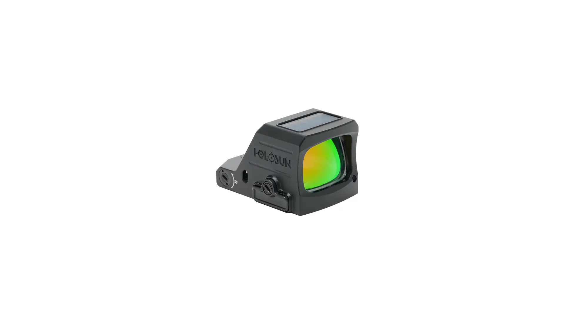 Holosun HS407C-X3 open reflex pistol red dot sight, matte black housing with top solar panel, three-quarter view