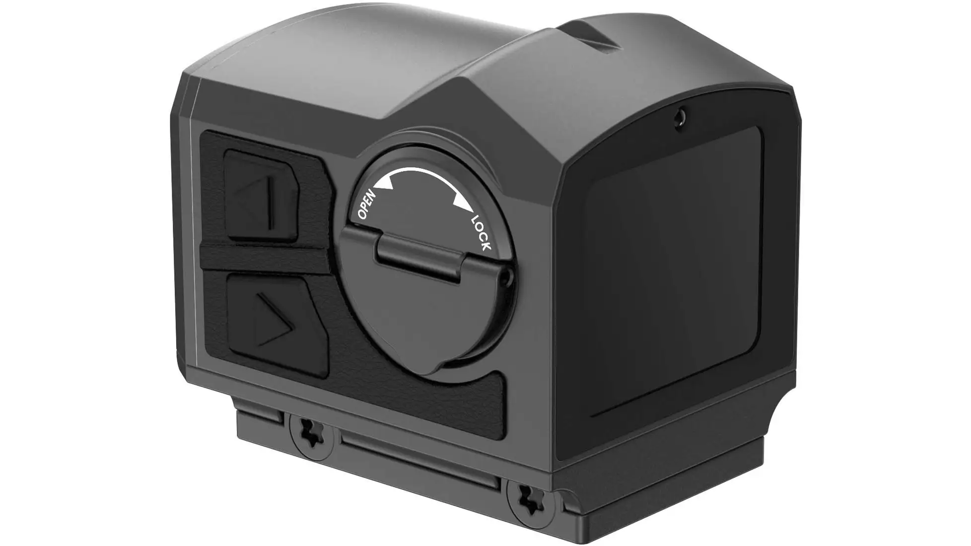 Compact dark grey thermal unit with side buttons, open/lock twist cap and rail clamp base