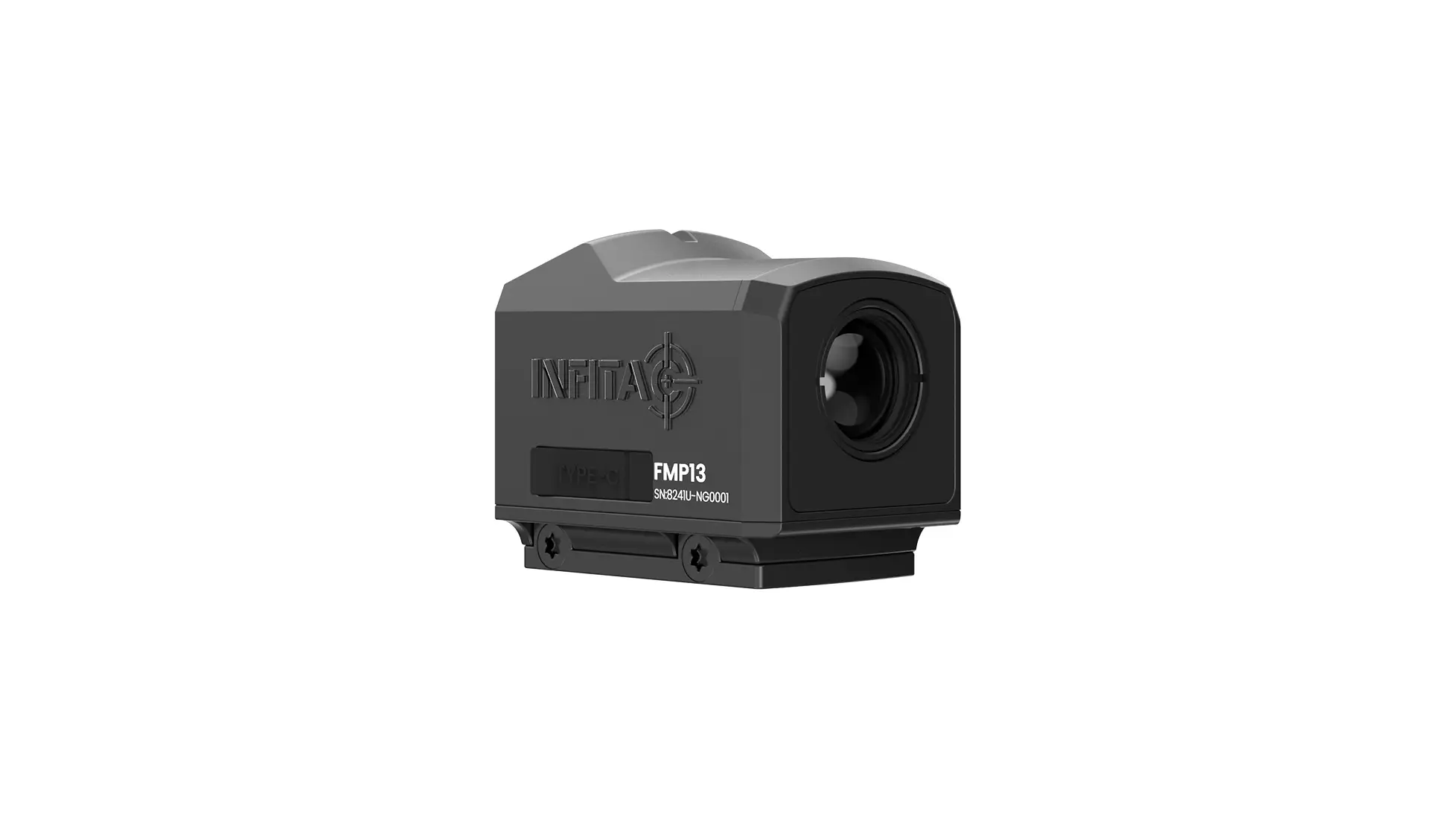 InfiTac Fast Mini FMP13 compact black thermal sight seen from the front quarter, with a round lens on the front and FMP13 printed on the side