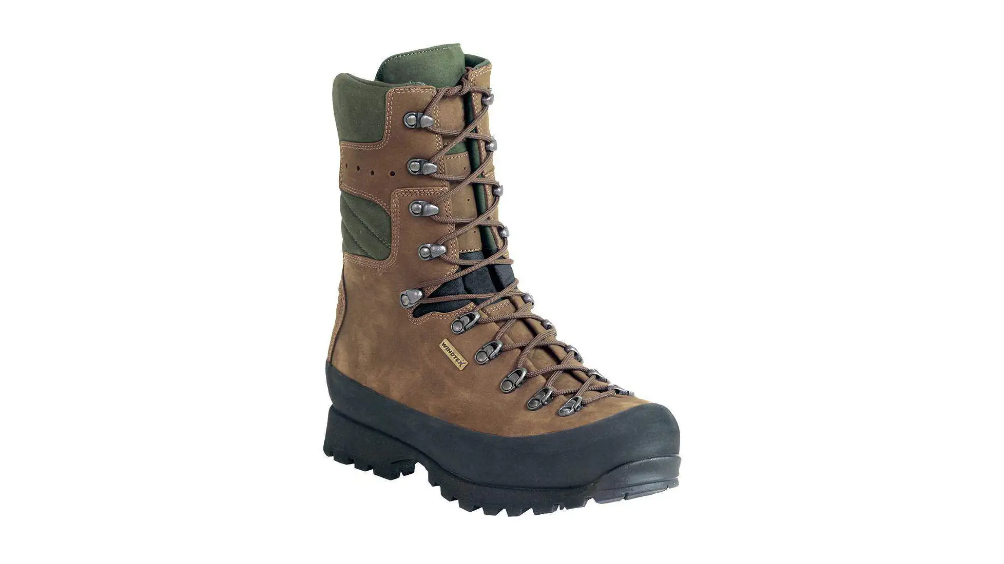 Kenetrek Mountain Extreme 400 boot: a tall brown leather lace-up boot in side view with a green collar and green side panel, dark lace hooks, a black rubber rand and a lugged outsole