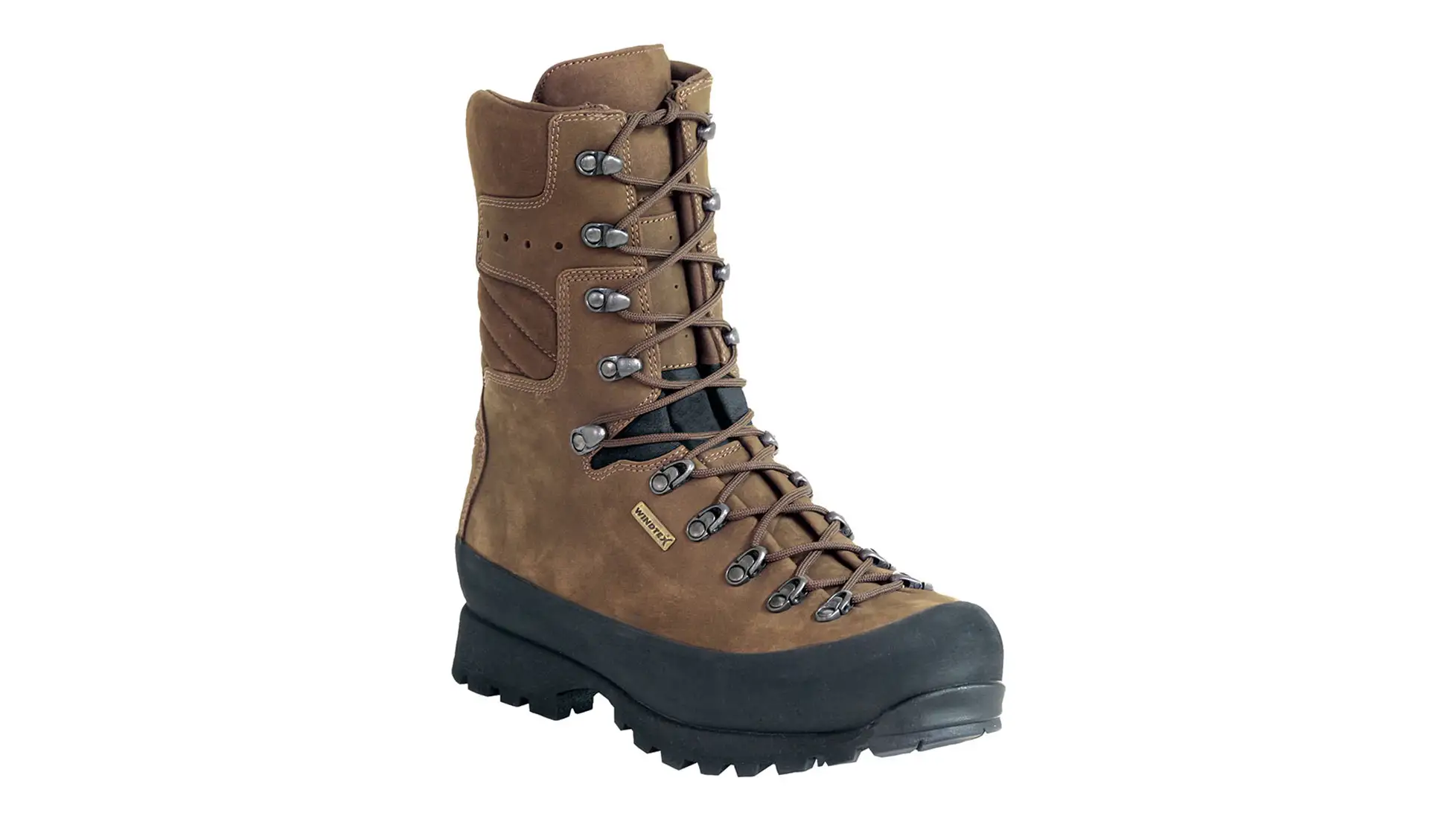 Kenetrek Mountain Extreme Non-Insulated boot: a tall brown leather lace-up boot in side view with dark lace hooks, a black rubber rand and a lugged outsole