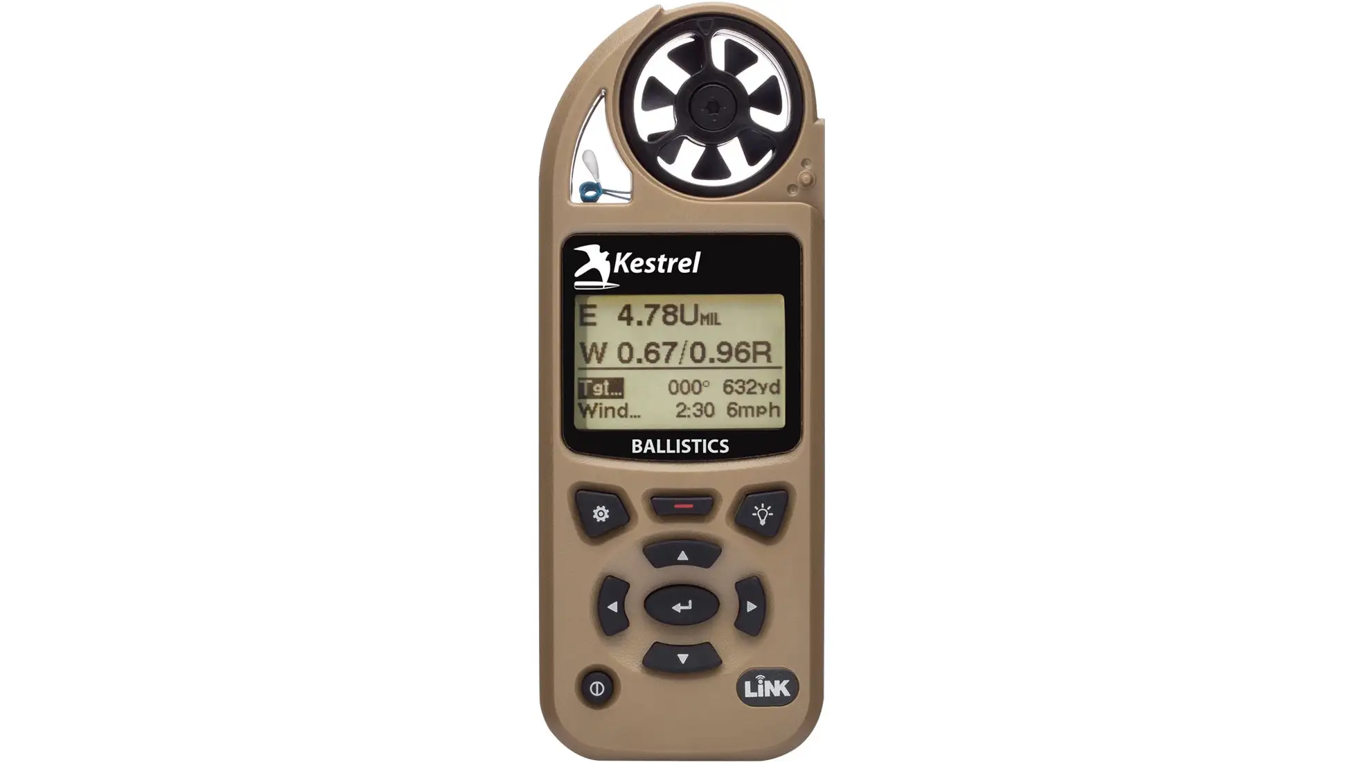 Tan Kestrel Ballistics handheld weather meter with impeller, LiNK button and ballistic solution on screen