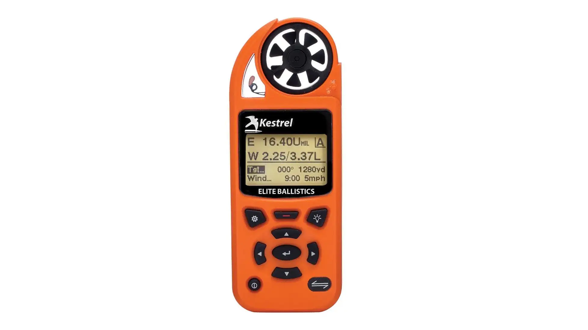 Orange Kestrel Elite Ballistics handheld weather meter with impeller and ballistic solution on screen