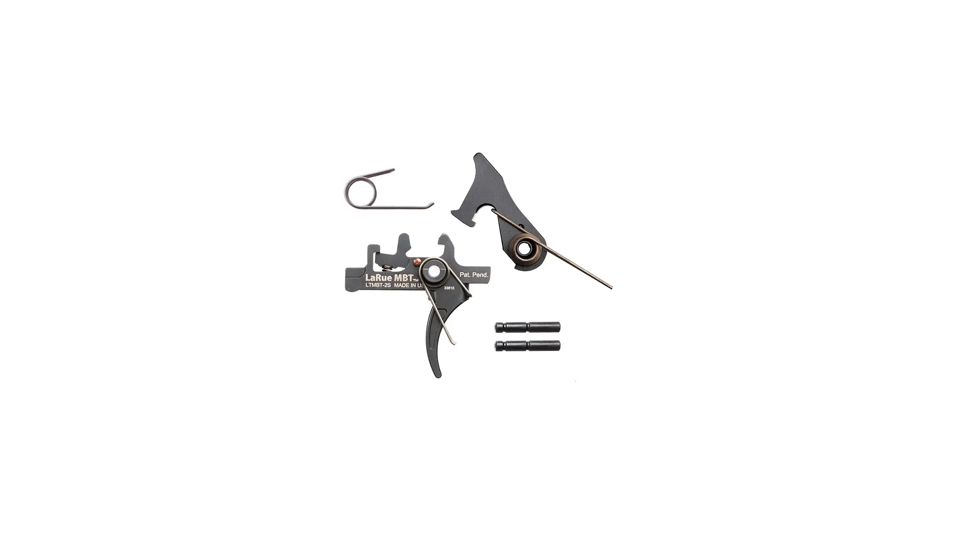 LaRue MBT-2S trigger kit with a curved blade and LaRue MBT marking, shown with its springs and pins