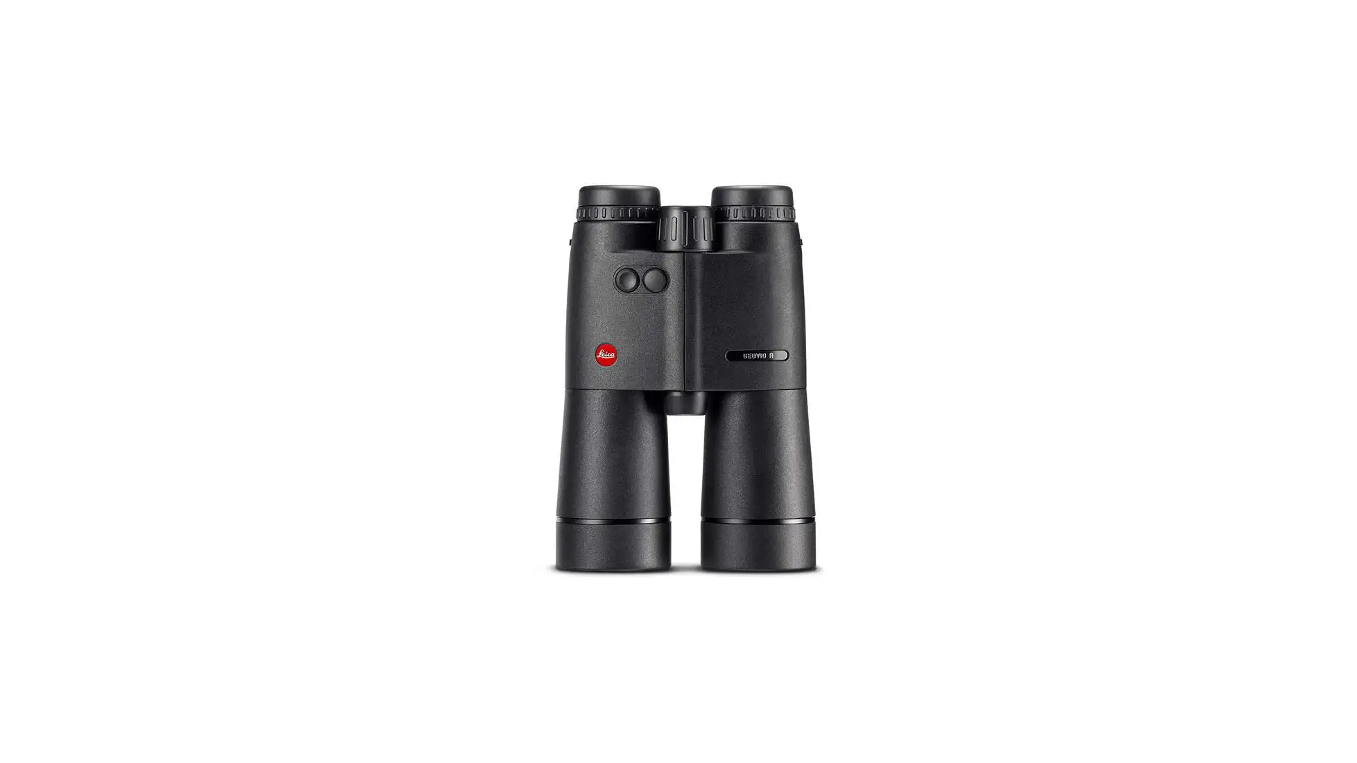 Black Leica Geovid R rangefinder binocular with long objective barrels, front view